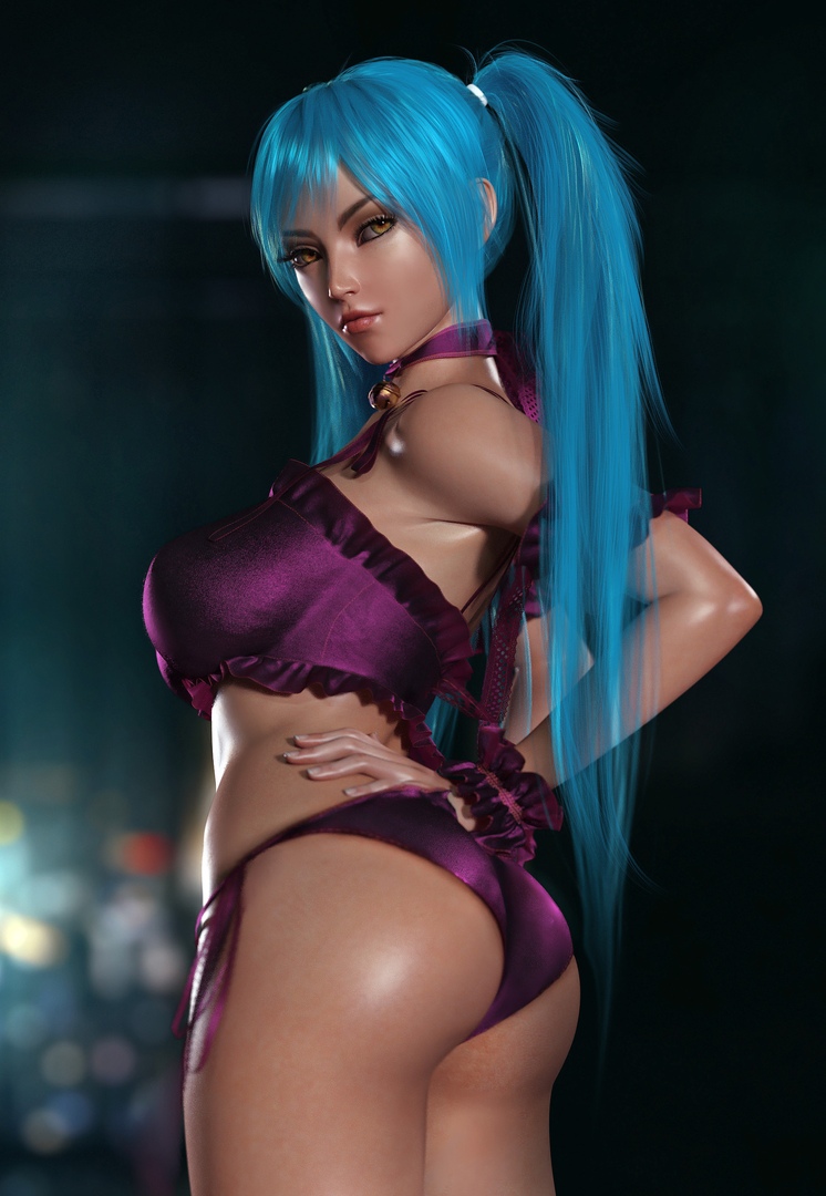 1girls, 3d, aqua hair, ass, bare legs, bare shoulders, big ass, big breasts, breasts, choker, female, female only, league of legends, looking at viewer, pose, purple clothing, riot games, sevenbees, solo, solo female, sona, sona buvelle, tagme, underwear, yellow eyes