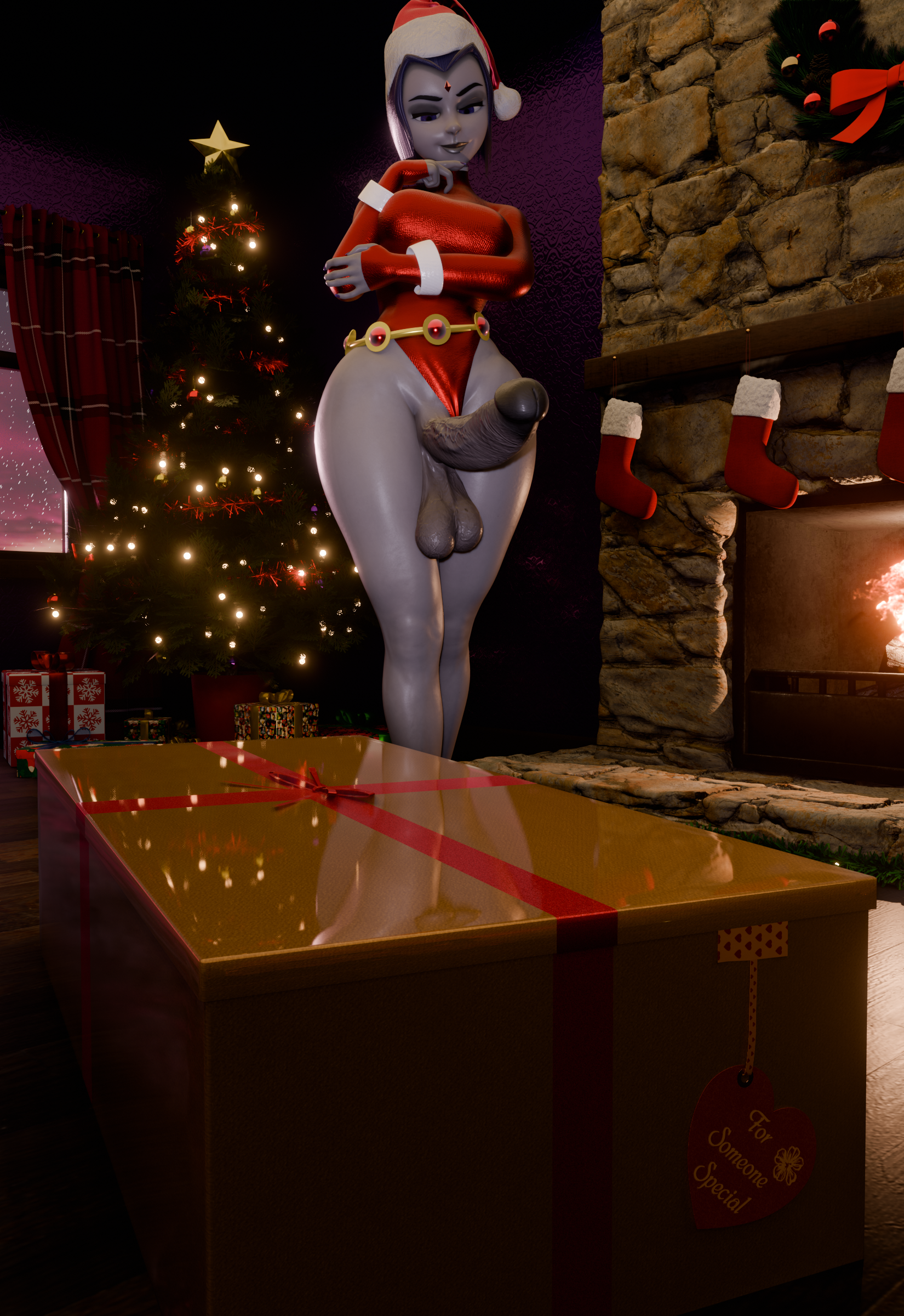 1futa, 3d, 3d (artwork), aged up, balls, before sex, cartoon network, christmas, christmas present, crossover, dc, dc comics, fire, futa only, futadolly, futanari, gift, grey body, hi res, intersex, leotard, penis, purple hair, raven (dc), raven (teen titans), sagging balls, santa costume, santa hat, solo futa, teen titans, teen titans (television series), thighs, veiny penis, warm colors