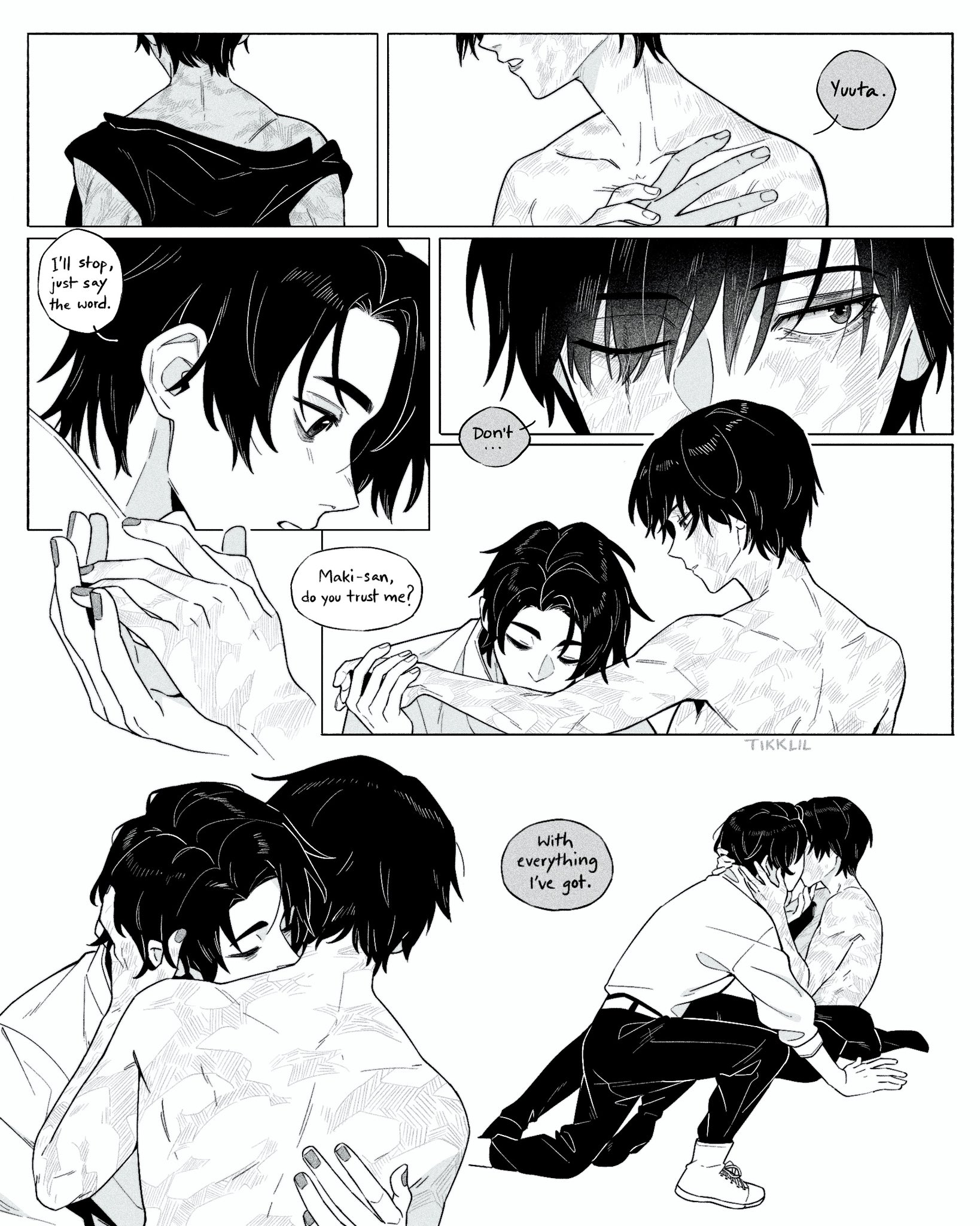 1boy, 1girls, burn scar, canon couple, closed eyes, clothed male nude female, comic, embrace, english text, female, hand on another's face, hand on another's shoulder, holding face, holding hands, imminent sex, intimate, jacket, jujutsu kaisen, kissing, kissing neck, leaning forward, looking at partner, male, monochrome, one eye closed, partially clothed, romantic, romantic couple, scar, scars all over, shirt removed, speech bubble, straight, tikklil, tomboy, topless, topless female, undressing, watermark, white background, wholesome, yuta okkotsu, zenin maki
