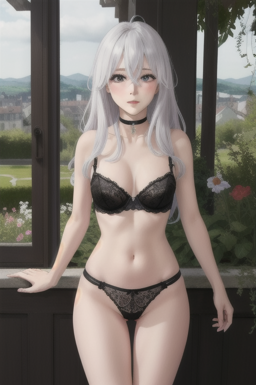 ai_generated black_choker black_lingerie blue_eyes blush choker elaina_(majo_no_tabitabi) flowers garden grass lingerie long_hair looking_at_viewer majo_no_tabitabi nature partially_nude petite petite_body seductive small_breasts standing thighs town white_hair window