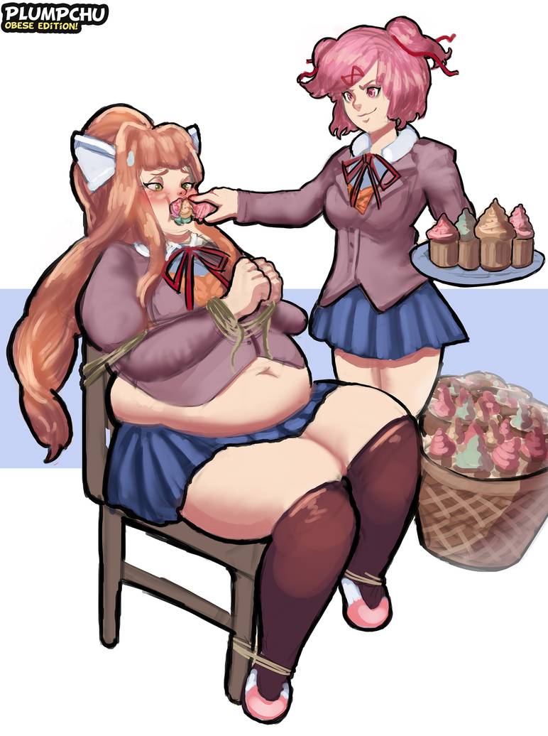 2girls blue_skirt chubby cupcake dessert doki_doki_literature_club fat force_feeding monika_(doki_doki_literature_club) multiple_girls natsuki_(doki_doki_literature_club) obese pink_eyes pink_hair plump plumpchu skirt weight_gain