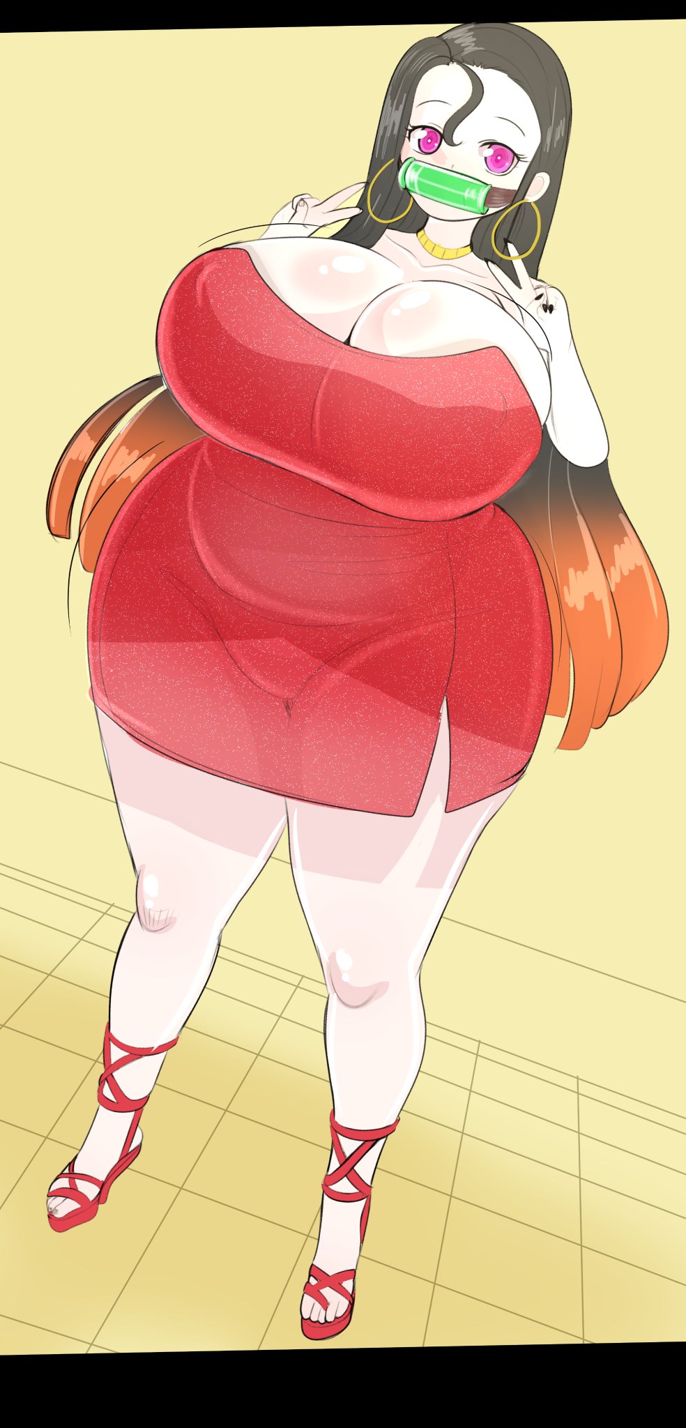 1girls, adorable, aged up, alternate breast size, alternate costume, ass, bamboo gag, big ass, bimbo, black hair, breasts, busty, chubby, cleavage, demon, demon slayer, demoness, double v, earring, female, female only, fladdykin, high heels, hoop earrings, huge ass, huge breasts, huge hips, kamado nezuko, kimetsu no yaiba, large breasts, light skin, light-skinned female, long hair, looking at viewer, necklace, open toe shoes, orange hair, overweight, overweight female, pale skin, pale-skinned female, purple eyes, red dress, sandals, solo, thick, thick thighs, two-tone hair, unusual anatomy, unusual eyes, unusual pupils, venus body, voluptuous, wide hips