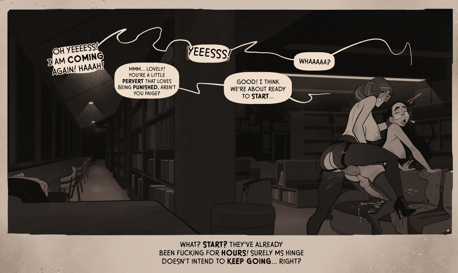 1futa, 1girls, age difference, all fours, anal, anus, ass, backsack, balls, ballsack, big penis, bottomless, breasts, caption, clothed, clothing, comic, comic page, comic panel, cum, dialogue, dickgirl, duo, ejaculation, english text, erection, female, female on futa, femdom, futa sans pussy, futanari, futasub, going commando, greyscale, hands-free, handsfree ejaculation, human, hung bottom, incase, intersex, library, light skin, light-skinned female, light-skinned futa, mostly clothed, mostly nude, nude, nude female, nude futa, older female, orgasm, partially clothed, penis, perineum, skirt, skirt lift, strap-on, strap-on sex, strapon, submissive futa, taint, text, thighhighs, topless, younger futa