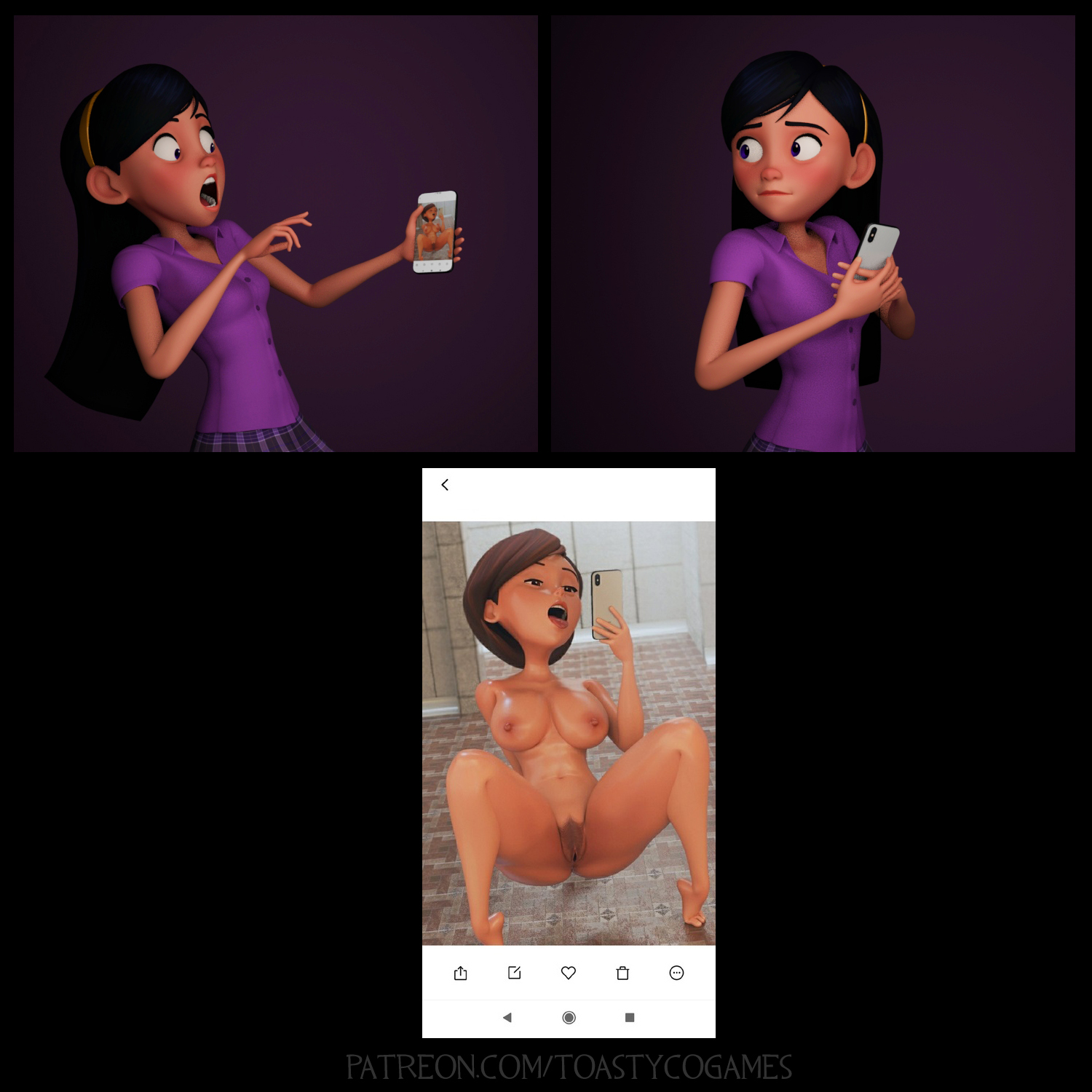 2girls, 3d, blender, blush, breasts, clothed female, clothed female nude female, clothing, daughter, disney, embarrassed, female, female only, hairy pussy, helen parr, horny, huge breasts, milf, mother, mother and daughter, multiple females, multiple girls, nipples, nude, nude female, pixar, pubes, pubic hair, purple shirt, pussy, pussy hair, selfie, shocked, shocked expression, smartphone, smooth skin, social media, the incredibles, thick thighs, tiptoes, toastycogames, tongue, tongue out, violet parr