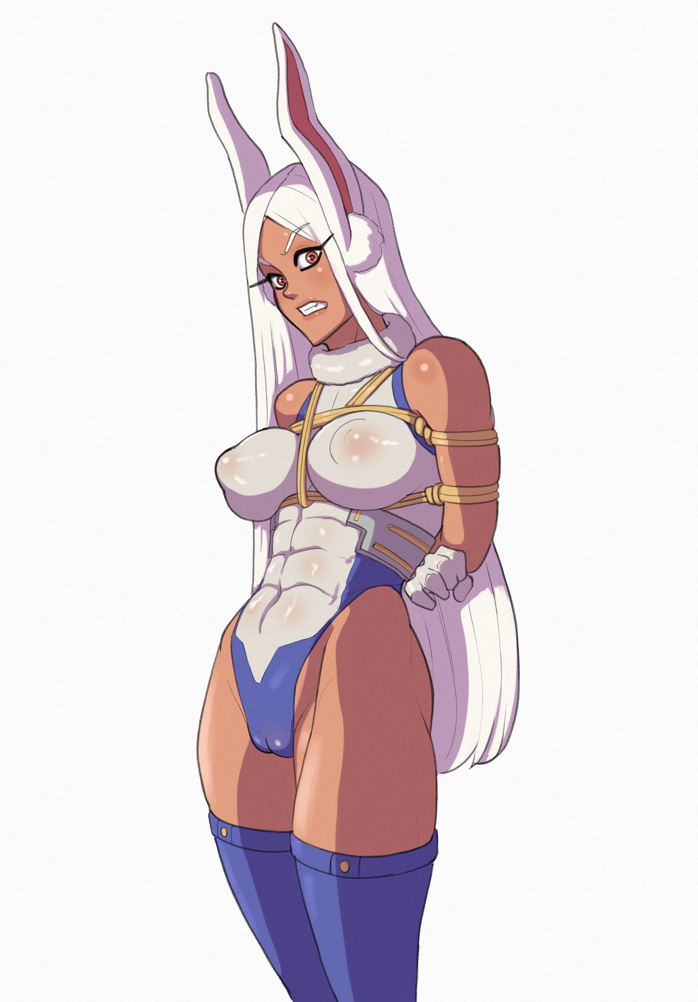 1girls, abs, abs visible through clothing, animal ears, areola bulge, areolae, big breasts, bondage, breasts, bunny ears, cameltoe, female, female only, hair, hands behind back, huge breasts, king0fghouls, legwear, leotard, long hair, miruko, muscular, muscular female, my hero academia, pussy, red eyes, rope bondage, rumi usagiyama, solo, solo female, superheroine, thick thighs, thighs, white hair
