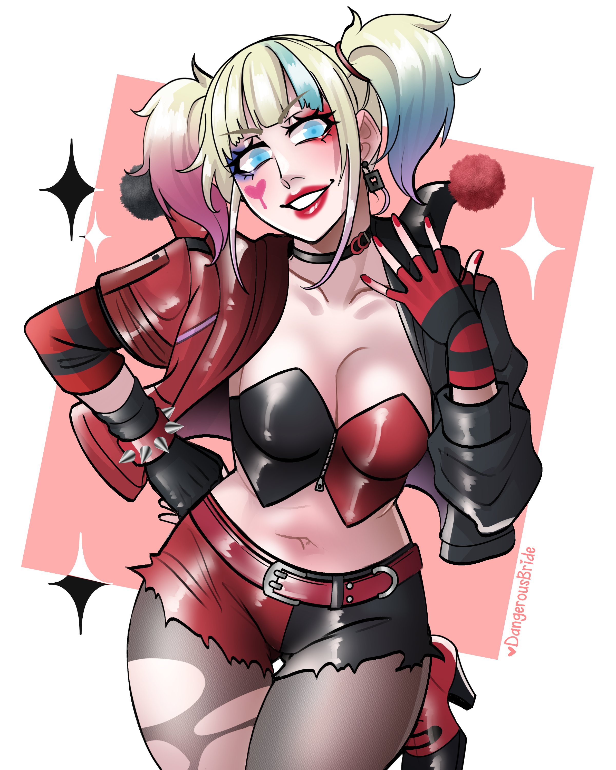 1girls, batman (series), bent leg, blonde hair, blue eyes, blue highlights, corset, dangerousbride, dc, dc comics, face paint, female, female only, fingerless gloves, harley quinn, harley quinn (suicide squad isekai), heels, jacket, leg up, looking at viewer, pantyhose, pink highlights, punk, red lipstick, shorts, smiling, smiling at viewer, solo, sparkles, spiked bracelet, standing on one leg, suicide squad isekai, torn pantyhose, twintails, very high resolution