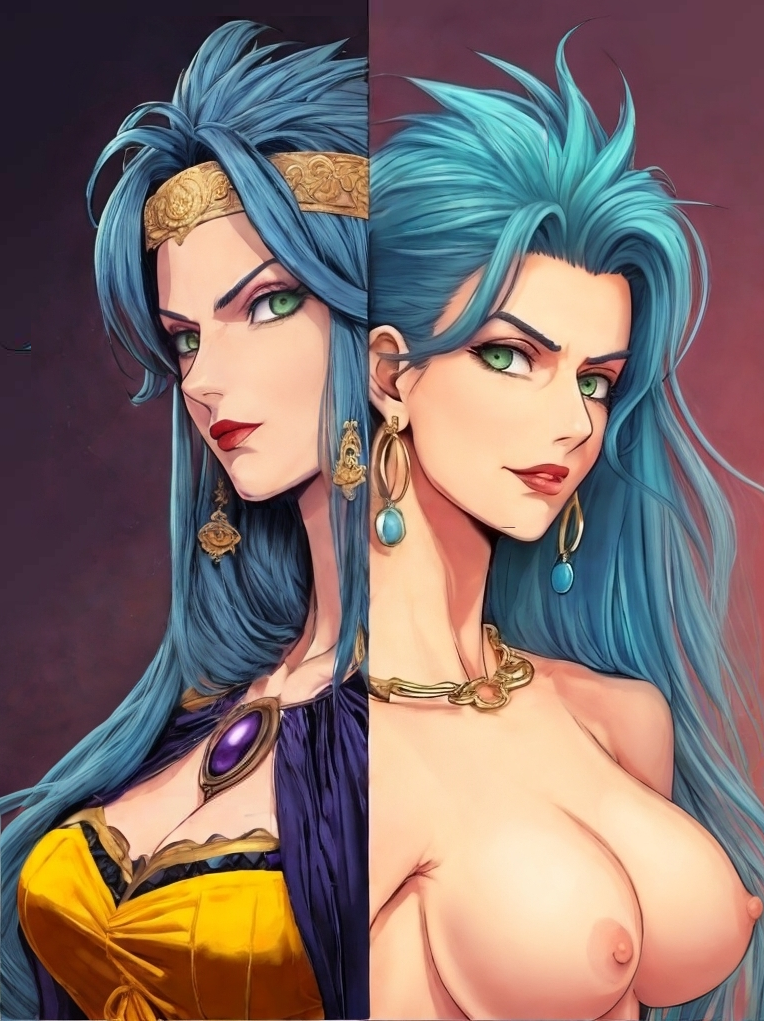 ai_generated big_breasts blue_hair chrono_trigger crown johnnytopside20 milf queen queen_zeal split_screen tagme