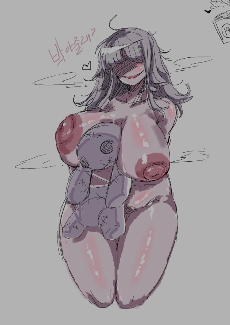 abnormality (project moon), aged up, breasts, creepy smile, doll, female, female focus, female only, heart, large breasts, limbus company, long hair, nipples, nude, nude female, project moon, text, thick thighs, white hair, will you play?, will you play? (limbus company)