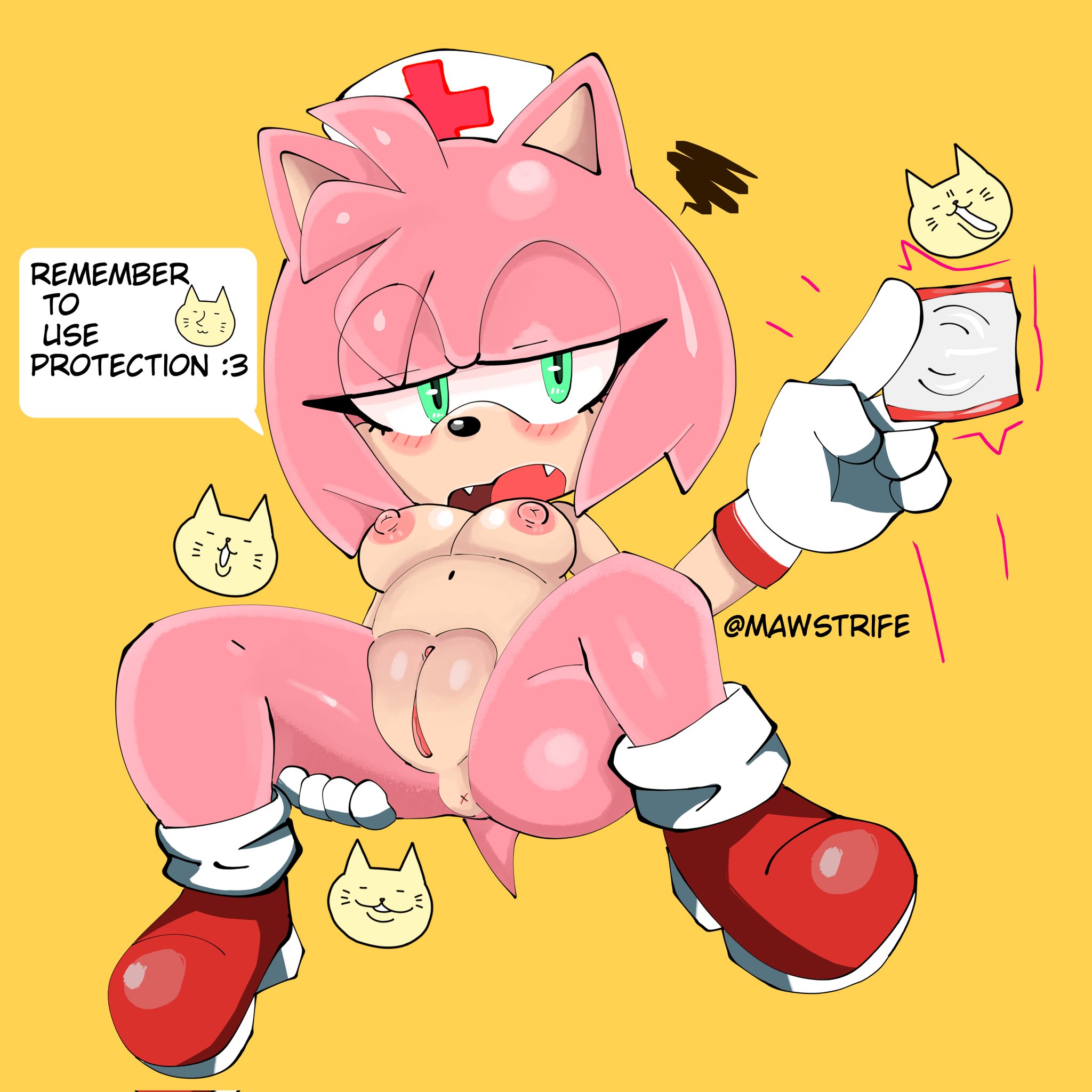 amy rose, ass, asshole, blush, blushing, breasts, condom, eyelashes, fangs, female, gloves, green eyes, half-closed eyes, holding condom, holding object, holding thigh, mawstrife, naked footwear, nude, nurse, open mouth, pink fur, pink hair, plump labia, presenting, presenting anus, presenting pussy, puffy pussy, pussy, shiny skin, shoes, small breasts, socks, sonic (series), sonic the hedgehog (series), tail, text, text bubble, tongue, two-tone body, vagina, yellow background