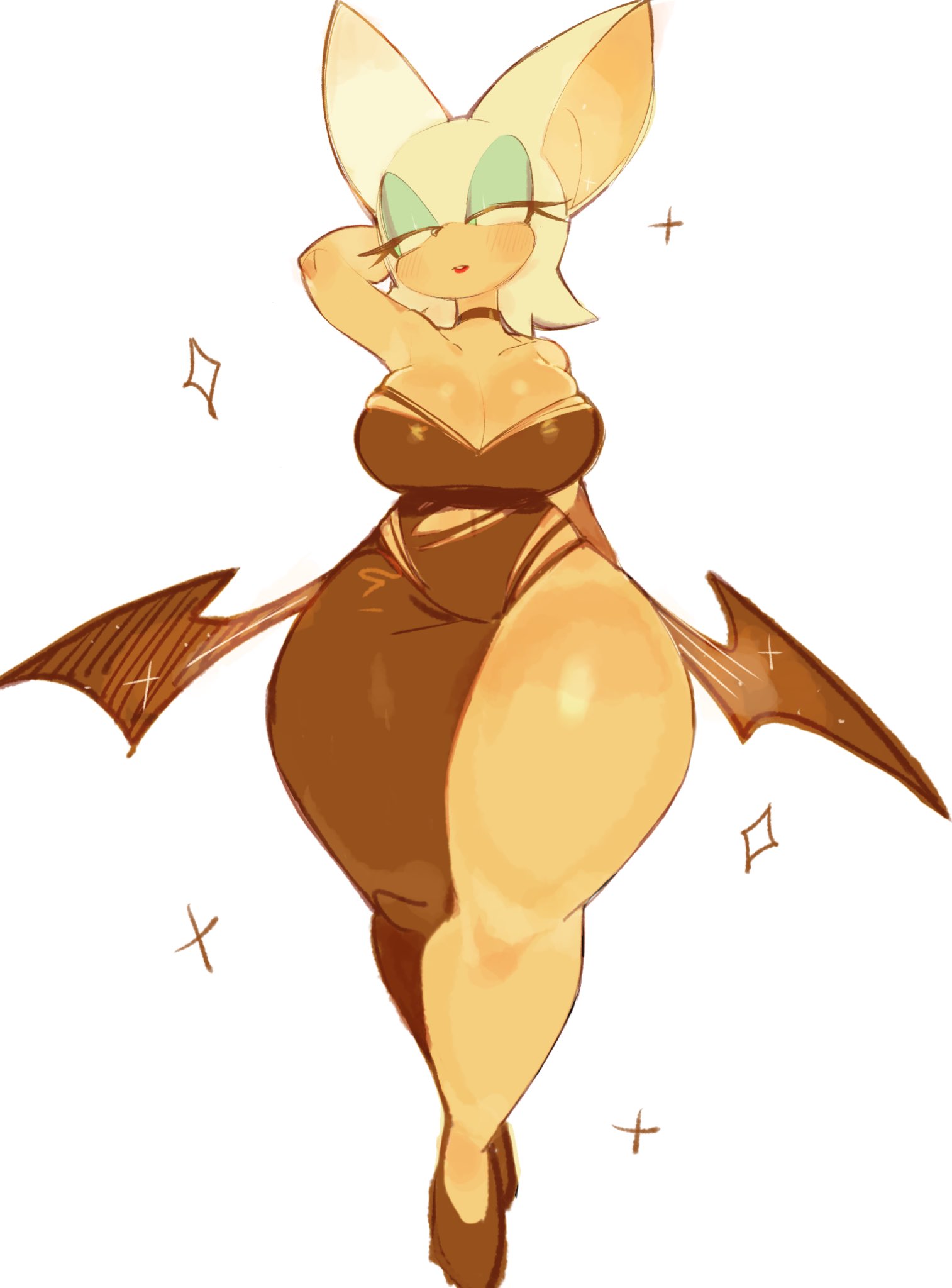 1girls, 2023, anthro, bat, bat wings, big breasts, big ears, biped, blue eyes, blue eyeshadow, blush, blush lines, breasts, chiropteran, choker, cleavage, cleavage overflow, clothed, clothing, dress, eyelashes, eyeshadow, female, female only, footwear, front view, full-length portrait, fully clothed, hair, half-closed eyes, hand behind head, hi res, huge thighs, jewelry, lips, makeup, mammal, membrane (anatomy), membranous wings, mobian (species), narrowed eyes, navel, necklace, particles, pear-shaped figure, portrait, pose, rouge the bat, sega, shaded, simple background, simple shading, skimpy, solo, sonic (series), sonic the hedgehog (series), sparkles, standing, tan body, thick thighs, thighs, tight clothing, torn clothing, torn dress, usa37107692, white background, white hair, wide hips, wings