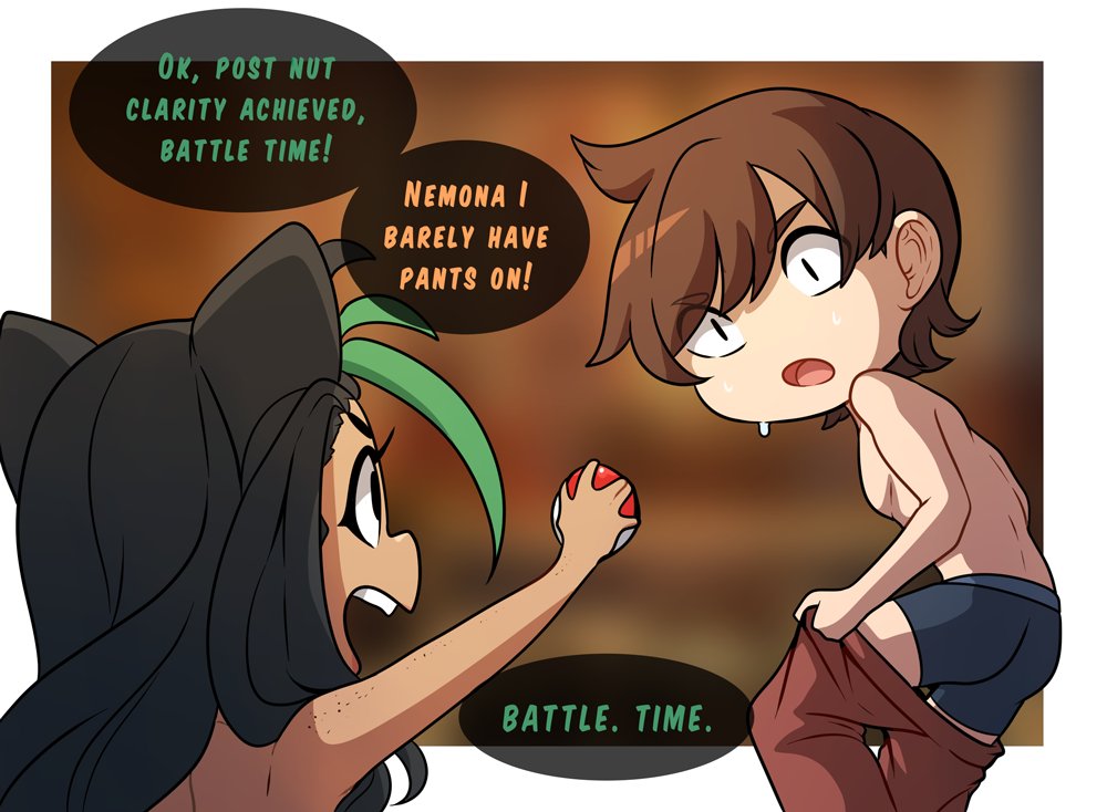 1boy, 1girls, black hair, brown hair, cat ears, cat girl, catgirl, dark skin, dark-skinned female, dialogue, dressing, english text, female, florian (pokemon), funny, green highlights, interracial, kinkymation, light skin, light-skinned male, long hair, male, nemona (pokemon), nintendo, pokeball, pokemon, pokemon sv, speech bubble
