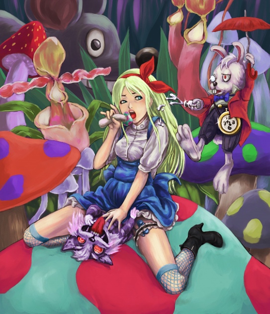 alice_in_wonderland alice_liddell blonde_hair blue_dress cheshire_cat clothed_sex clothing dress fairy_tales fishnet_stockings fishnets heels literature long_hair mushroom pitcher_plant public_domain sabon_(artist) sexually_suggestive tongue_out vibrator white_rabbit_(wonderland) zoophilia