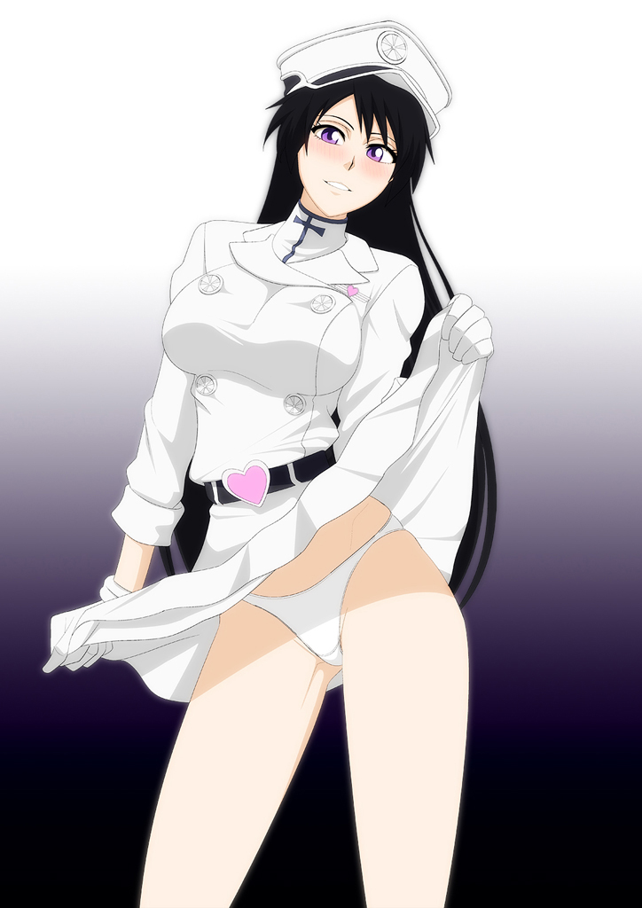 bambietta_basterbine black_hair bleach bleach:_the_thousand-year_blood_war female legs lime_(purple_haze) long_hair long_legs miniskirt panties skirt smile uniform white_panties white_shirt white_skirt