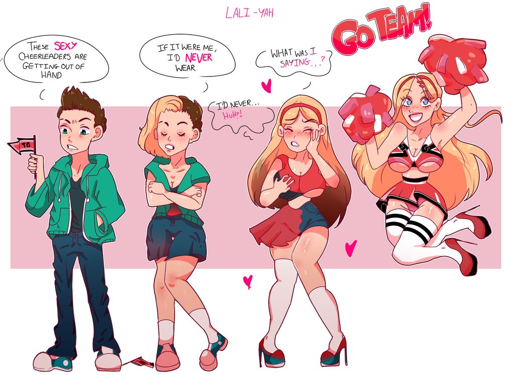 1girls, blonde hair, breast expansion, breast growth, breast growth (enlargement), breasts, brown hair, cheerleader, cheerleader uniform, female, flag, gender transformation, genderswap, genderswap (mtf), green eyes, hair color change, hair growth, headband, heart-shaped pupils, high heels, identity theft, lali-yah, long hair, mtf transformation, personality change, pom poms, rule 63, short hair, solo, speech bubble, tagme, text, thigh expansion, transformation, transformation sequence, underboob