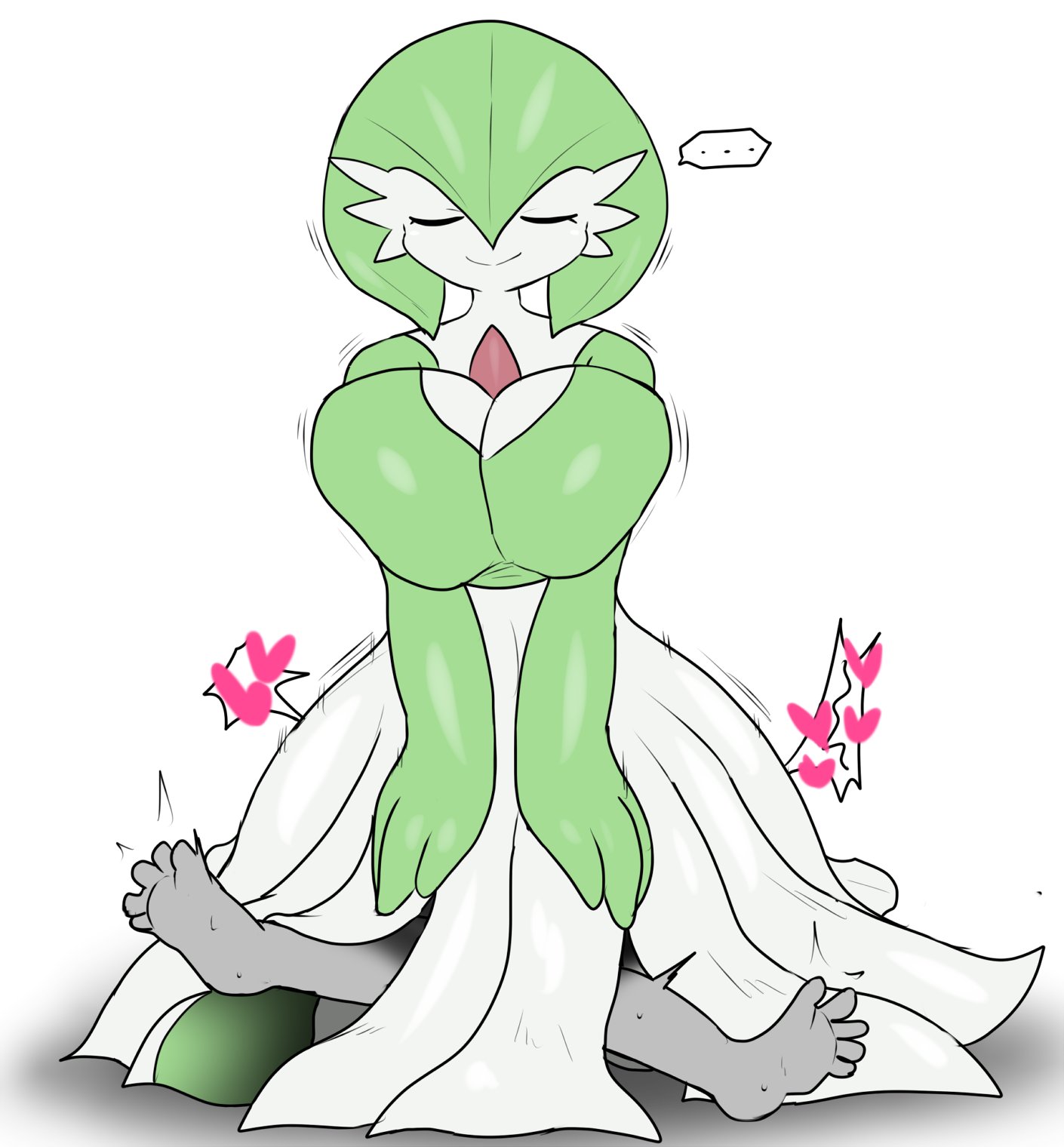 ambiguous gender, big breasts, big tits, boobs, breasts, closed eyes, duo, enigi09, female, gardevoir, generation 3 pokemon, green body, grey body, heart, hi res, humanoid, male, nintendo, pokemon, pokemon (species), pokemon focus, red body, reverse cowgirl position, simple background, smaller male, smile, smothering, smothering ass, speech bubble, white background, white body