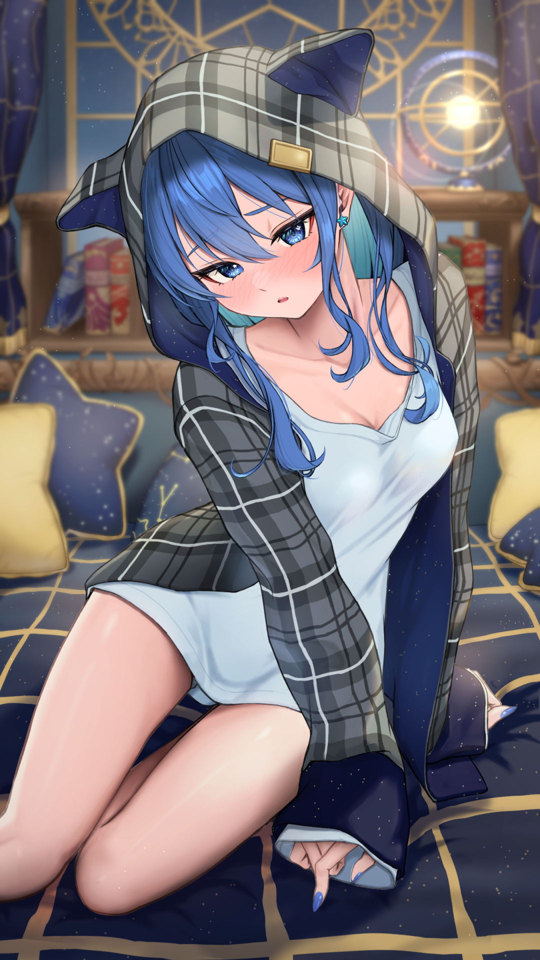 1girls, aqua hair, blue eyes, blue hair, blush, bowsan, breasts, cleavage, collarbone, colored inner hair, female, hair between eyes, hololive, hololive gen 0, hololive japan, hoshimachi suisei, looking at viewer, medium breasts, multicolored hair, open mouth, solo, star in eye, thighs, virtual youtuber