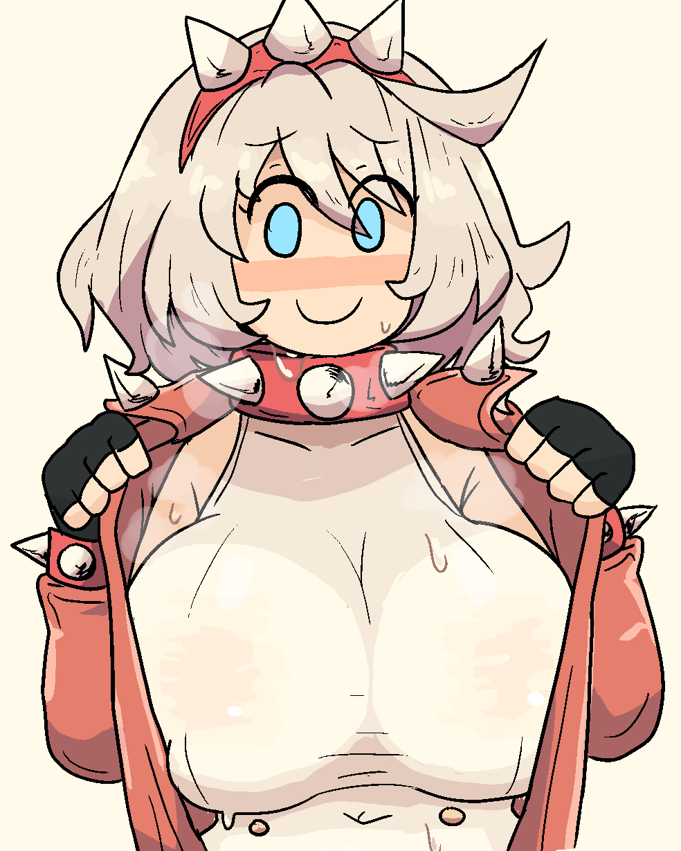 1girls blush breasts elphelt_valentine female_focus female_only fingerless_gloves guilty_gear large_breasts meme meme_attire necklace notnoe_(dxcl) rockstar shy sweat