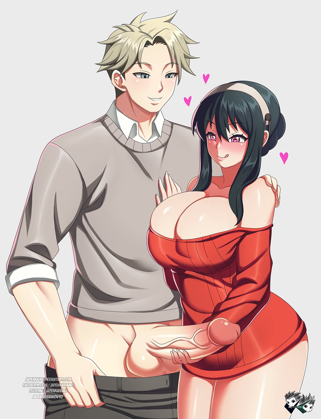 1boy 1girls artist_name balls ballsack big_ass big_breasts big_penis black_hair blonde_hair blush bottomless_female deviantart_username erection facebook_username female grabbing_penis hand_on_chest hand_on_penis horny human imminent_sex jadenkaiba jerking_off loid_forger male mostly_clothed penis penis_out scrotum shaved_crotch smile spy_x_family straight testicles thick tongue tongue_out veiny_penis yor_briar yor_forger