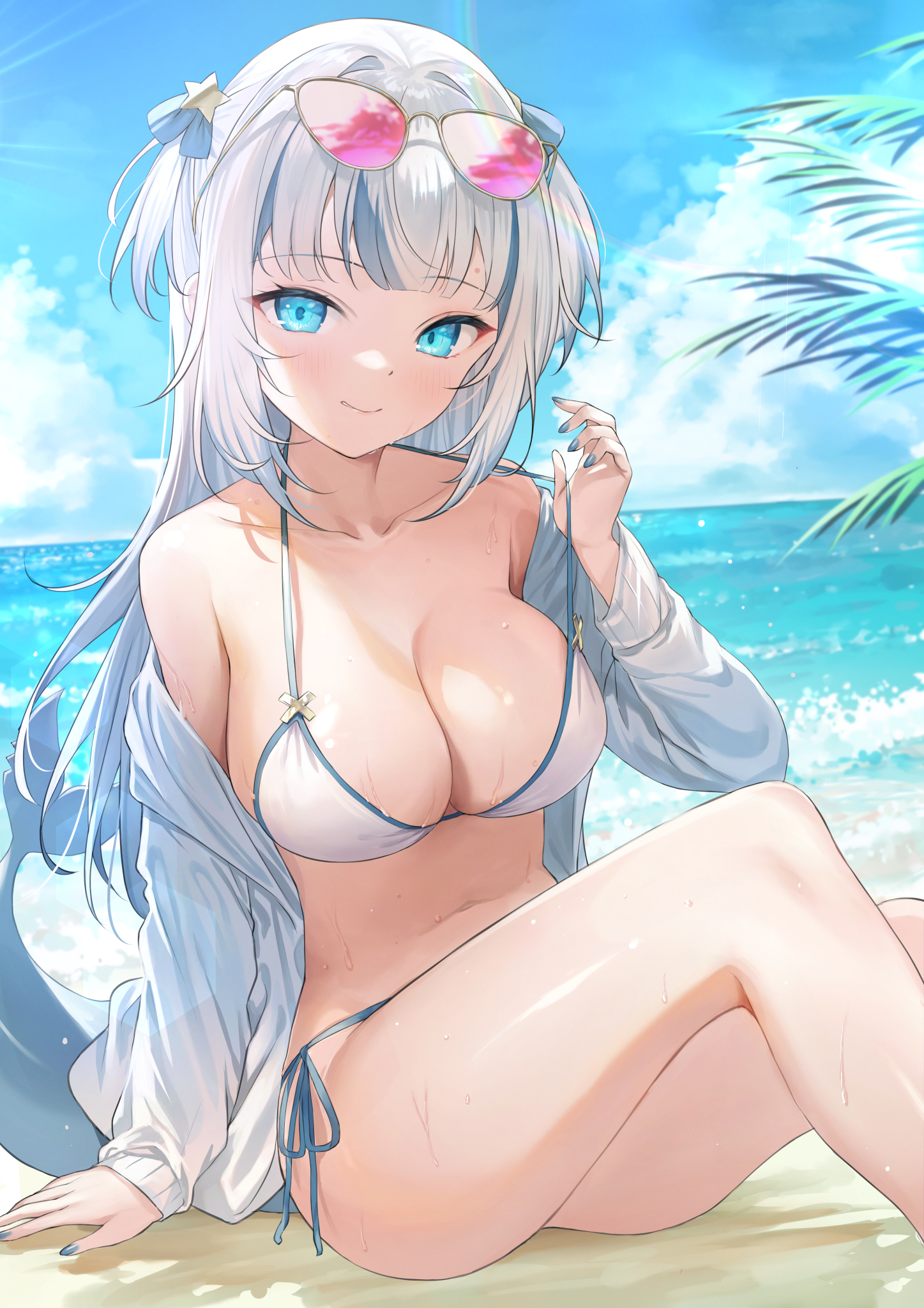 1girls, alternate breast size, beach, big breasts, bikini, blue nails, breasts, cleavage, female, gawr gura, gechi yori, hololive, hololive english, hololive myth, large breasts, looking at viewer, solo, swimsuit, tagme, virtual youtuber