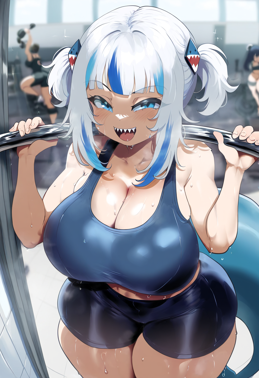 ai_generated big_breasts gawr_gura gym gym_shorts hololive hololive_english jaygoats looking_at_viewer sharp_teeth smug sports_bra sweat thick_thighs virtual_youtuber wide_hips