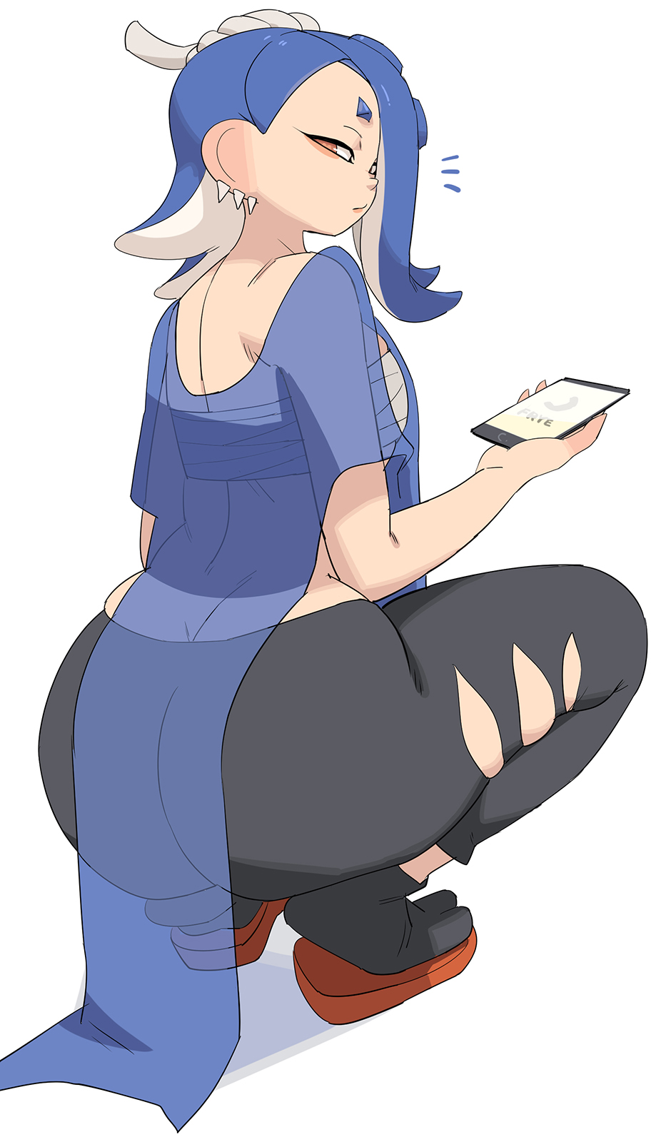 1girls, ass, bandages, blue hair, breasts, clothed, clothing, curvy, curvy hips, earrings, female, hair over one eye, hips, holding phone, huge ass, large ass, light skin, light-skinned female, looking back, nintendo, notice lines, octoling, pants, phone, phone call, rear view, red eyes, ripped clothing, ripped pants, sandals, see-through, see-through clothing, shiver (splatoon), shiver hohojiro, shoes on, skindentation, socks, splatoon, splatoon (series), splatoon 3, squatting, tagme, tentacle hair, thick thighs, white background, yuta agc