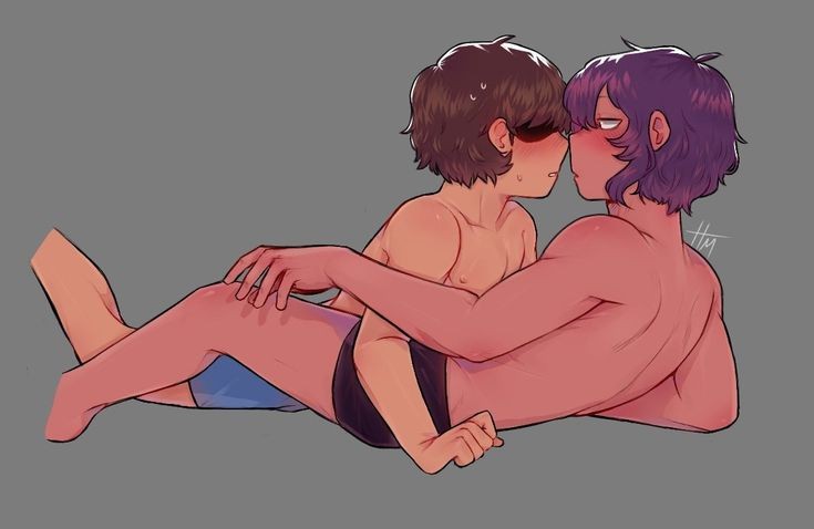 blushing profusely, brawl stars, brown hair, female, gay, leon (brawl stars), looking at partner, male, purple hair, sandy (brawl stars), tagme, tagme (artist), yaoi
