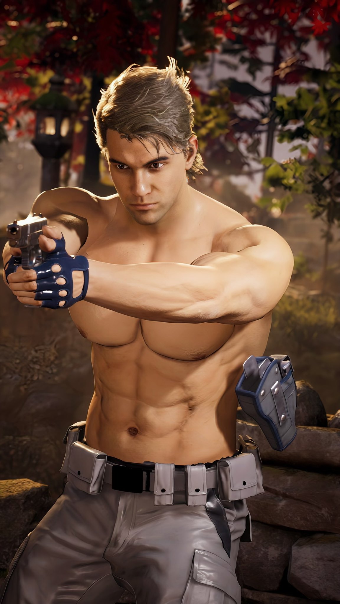 1boy 1male aiming_weapon american brown_eyes brown_hair cop firearm gun haviksluz in-game in-game_background kurtis_stryker light-skinned_male light_skin male male_focus male_only male_pov mortal_kombat mortal_kombat_1_(2023) muscular muscular_male netherrealm_studios police policeman