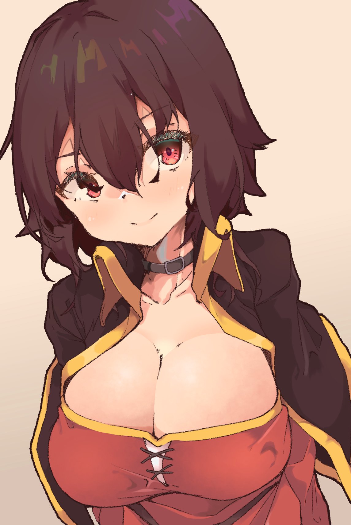 1girls, alternate breast size, bangs, big breasts, breasts, brown hair, cape, cleavage, closed mouth, closed smile, clothed, clothing, collar, collarbone, eyelashes, female, hair between eyes, happy, kono subarashii sekai ni shukufuku wo!, large breasts, light blush, light skin, light-skinned female, lips, looking at viewer, looking up, megumin, red eyes, simple background, smile, solo, solo female, spy artservice