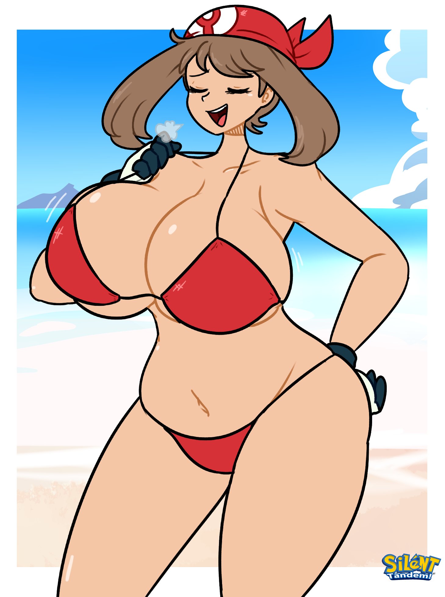 ass, beach, big ass, big breasts, bikini, breasts, female, female only, huge breasts, may (pokemon), nintendo, pokemon, sideass, silenttandem