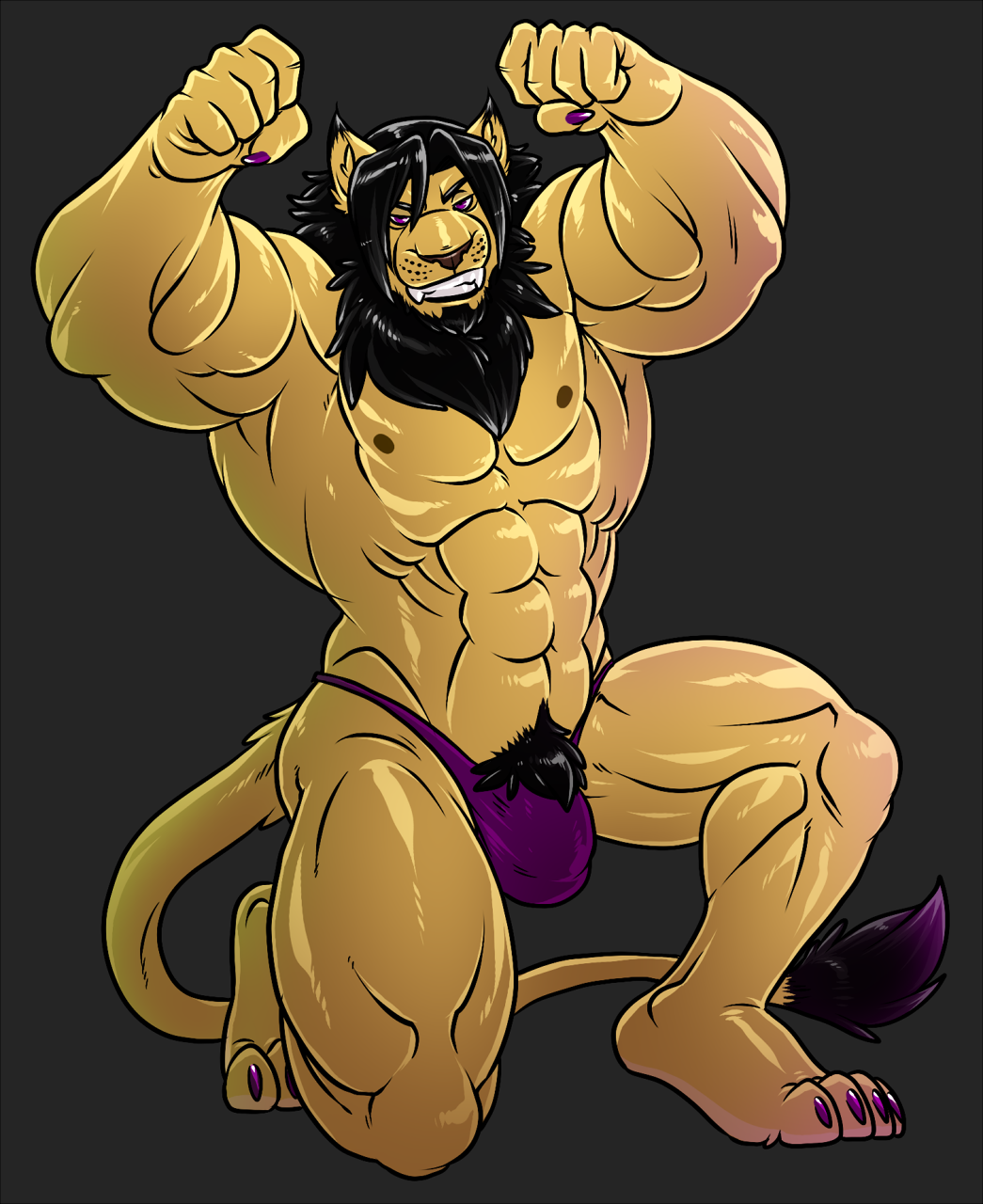 1boy 4_toes 5_fingers abs anthro bared_teeth biceps big_muscles black_mane bulge claws clothing digital_media_(artwork) fangs feet felid feline finger_claws fingers flexing_both_biceps fur grin hair hi_res hybrid lion looking_at_viewer lynx male male_only mammal mane modem_(character) muscular muscular_anthro muscular_male neodokuro nipples pantherine pecs pubes purple_claws purple_clothing purple_eyes purple_speedo purple_swimwear simple_background smile solo speedo swimwear tail tail_tuft teeth toe_claws toes tuft yellow_body yellow_fur