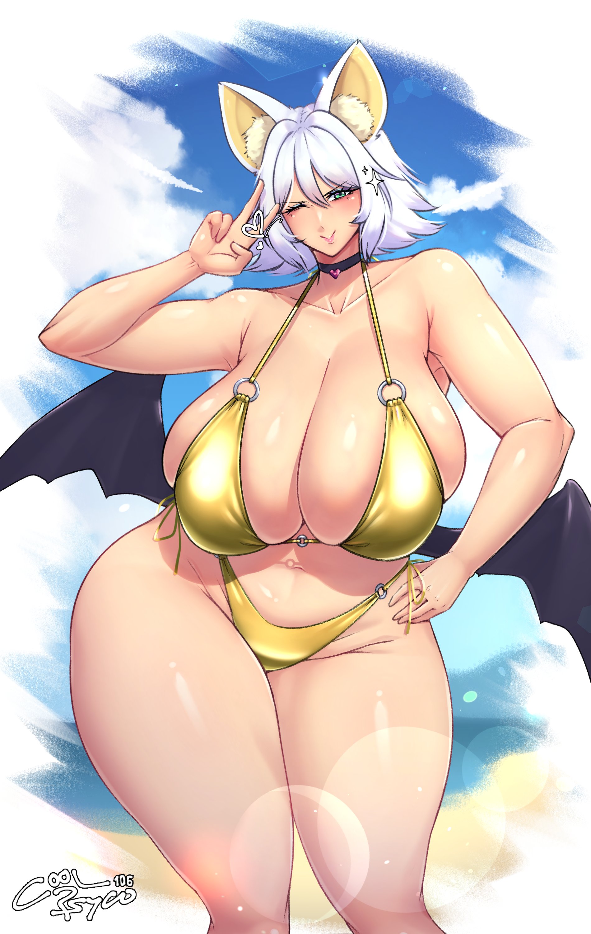 bat ears, bat wings, big breasts, bikini, blush, breasts, coolpsyco106, curvaceous, curvy, curvy body, curvy female, curvy figure, female, gold bikini, huge breasts, humanized, large breasts, looking at viewer, peace sign, rouge the bat, sega, sonic (series), thick, thick legs, thick thighs, venus body, white hair