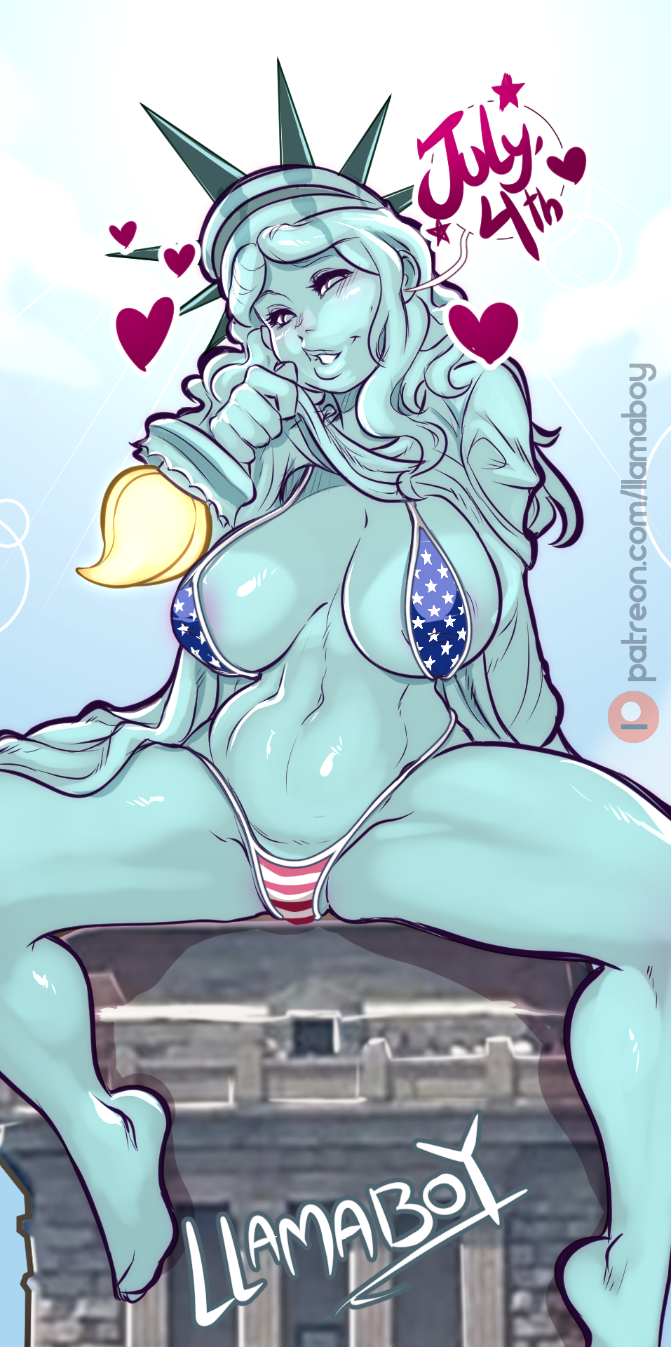 1girls 2021 4th_of_july american_flag_bikini artist_signature bikini blue_skin blush crown good_artwork green_skin hearts_around_head lady_liberty llamaboy long_hair public_domain robe_lift sitting solo_female statue_of_liberty