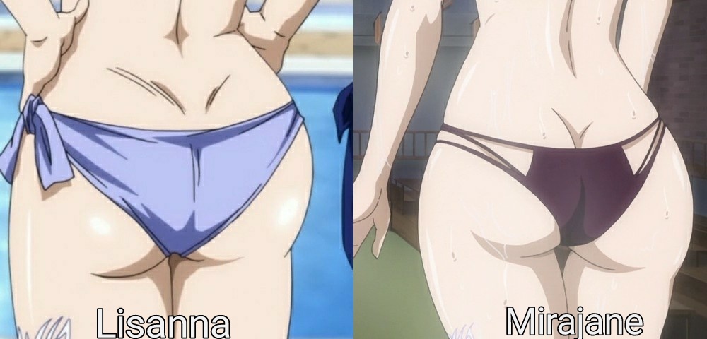 2girls, apple butt, ass, ass focus, big ass, bikini, bubble ass, bubble butt, comparison, fairy tail, fairy tail mark, female, female focus, female only, huge ass, leg tattoo, lisanna strauss, lowres, mirajane strauss, multiple females, multiple girls, round ass, screencap, sisters, swimsuit, tattoo, white hair, white skin, white tattoo