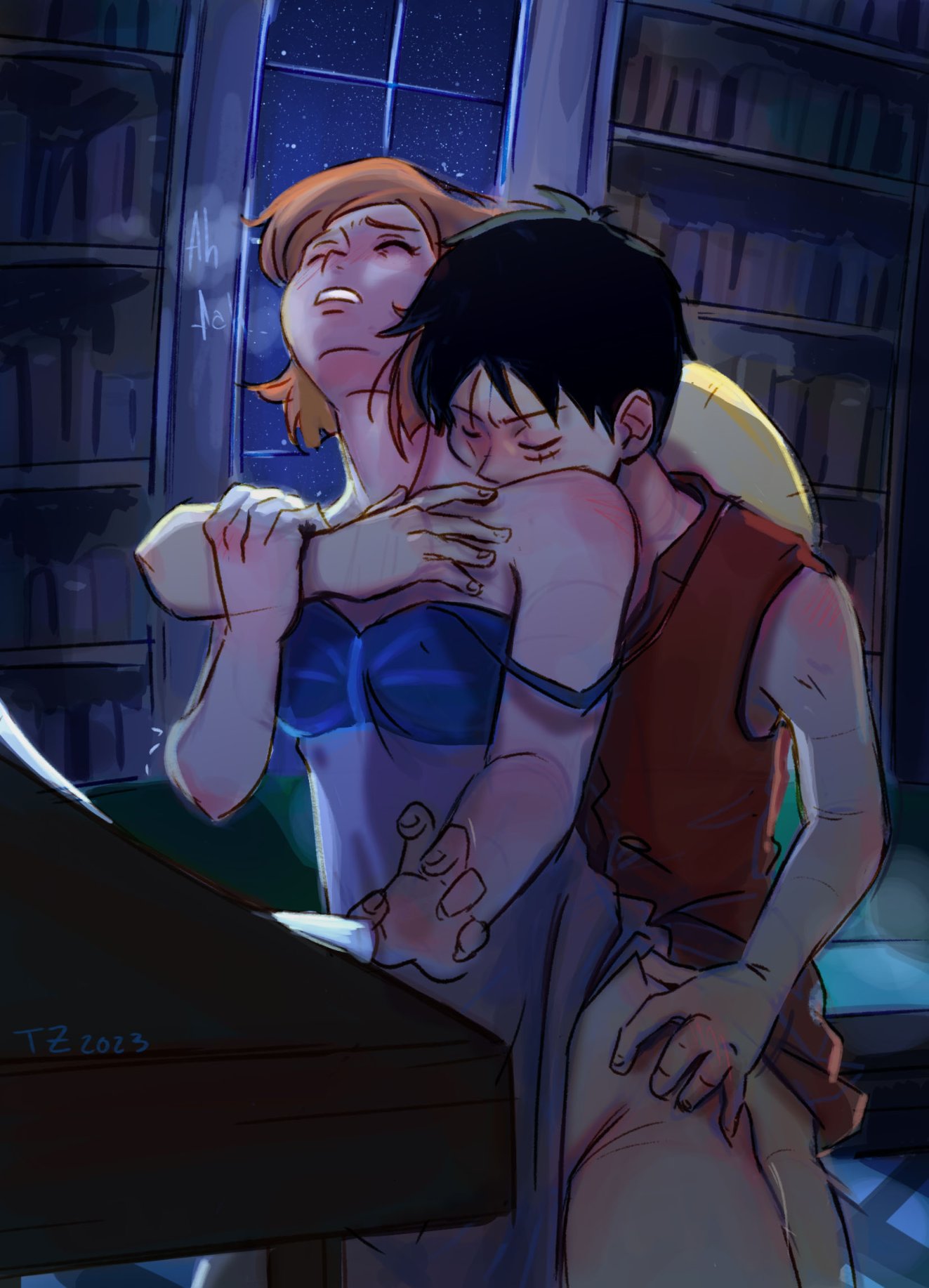 1boy 1boy1girl 1girls ambiguous_penetration black_hair bottomless bottomless_female bottomless_male clothed clothed_sex couple dress female from_behind from_behind_position head_thrown_back holding_arm library male map moaning monkey_d_luffy nami night one_piece orange_hair pre-timeskip scar sensual sex shirt short_hair standing standing_sex straight straw_hat zantinaa