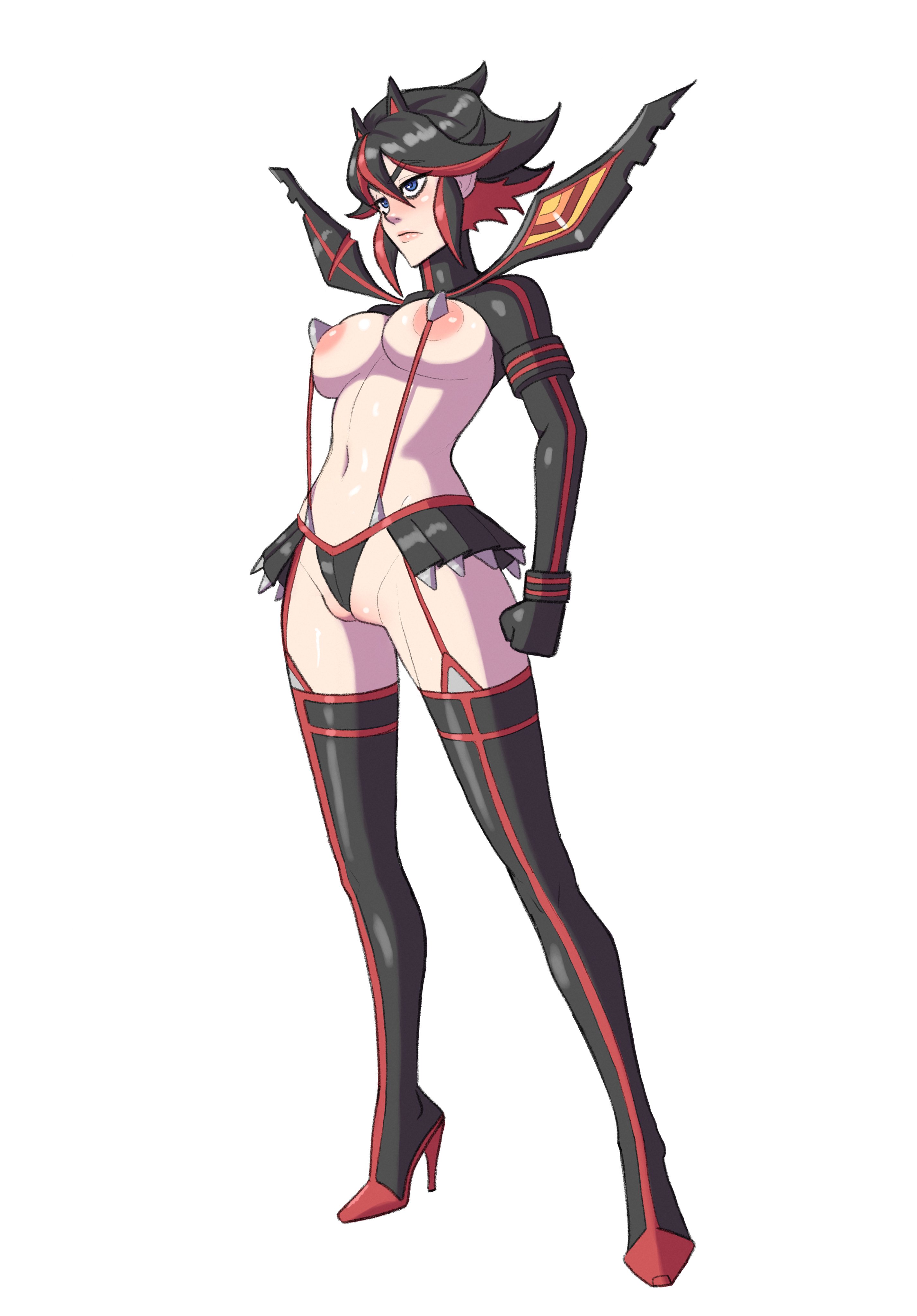 1girls, areola slip, areolae, big breasts, black hair, black thighhighs, blue eyes, breasts, cameltoe, cleavage, female, female only, full body, hair, heels, high heels, huge breasts, kill la kill, king0fghouls, legs, legwear, matoi ryuuko, pussy, senketsu, skimpy, skimpy clothes, solo, solo female, thick thighs, thigh boots, thighhighs, thighs