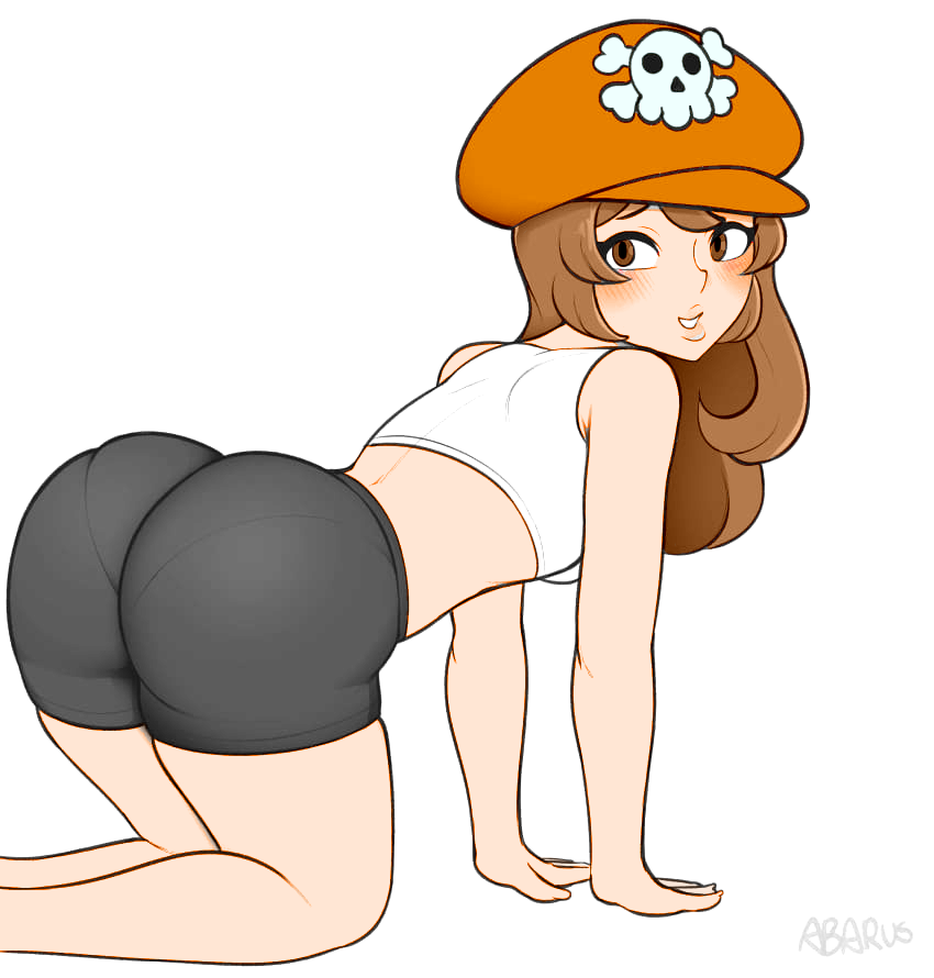 1girls abarus all_fours ass big_ass big_butt bike_shorts blush breasts brown_eyes brown_hair bubble_butt female female_only guilty_gear hat looking_at_another may_(guilty_gear) medium_hair shorts small_breasts solo solo_female tagme