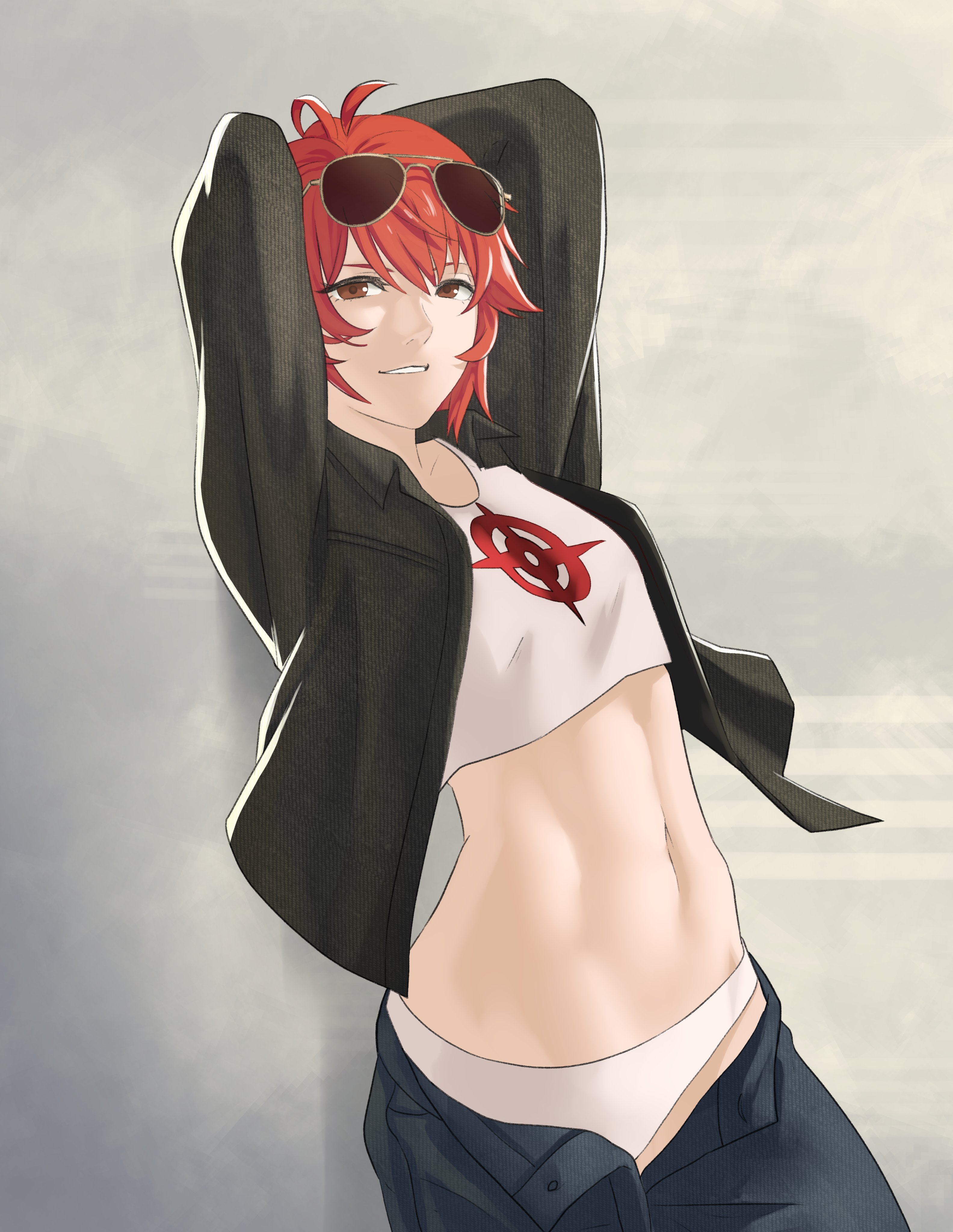 1girls, absurdres, alternate costume, alternate universe, arms behind head, brown eyes, eyewear on head, female, female only, fire emblem, fire emblem fates, grin, highres, hinoka (fire emblem), jacket, long sleeves, looking at viewer, midriff, navel, nintendo, panties, pants, pomelomelon, red hair, short hair, smile, solo, sunglasses, tank top, underwear, white panties