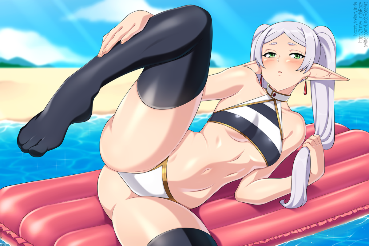 1girls, ass, beach, bikini, black thighhighs, blush, bottomwear, breasts, ear piercing, earrings, feet, female, female only, frieren, green eyes, hair, halter bikini, halter top, halterneck, legwear, lindaroze, one leg up, pointy ears, small breasts, solo, solo female, sousou no frieren, swimwear, thick thighs, thighhighs, thighs, topwear, twintails, underboob, white hair