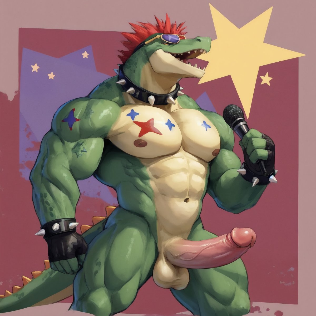 1boy 1male 2023 accessory ai_generated alligator alligatorid anthro anthro_focus anthro_only anthro_solo balls big_balls big_cock big_muscles big_penis big_testicles bracelet bracelets buff collar completely_nude completely_nude_male crocodile crocodilian crocodylid erect erect_penis erection fingerless_gloves five_nights_at_freddy's five_nights_at_freddy's:_security_breach focus focus_on_penis foreskin foreskin_folds furry furry_male furry_only glans glasses gloves green_skin hair holding_microphone holding_object humanoid humanoid_genitalia humanoid_penis large_penis long_penis long_tail male male_anthro male_focus male_only microphone mohawk mohawk_(hairstyle) montgomery_gator_(fnaf) muscle muscles muscular muscular_anthro muscular_male navel nipples nude nude_male open_smile penile penis penis_focus penis_out presenting_balls presenting_penis reptile reptile_humanoid retracted_foreskin sharp_teeth smile smiley_face smiling solo solo_anthro solo_focus solo_in_panel solo_male spiked_bracelet spiked_collar spiked_tail spikes spikes_(anatomy) sticker_on_body stickers sunglasses tail testicles vein veins_on_dick veiny_penis