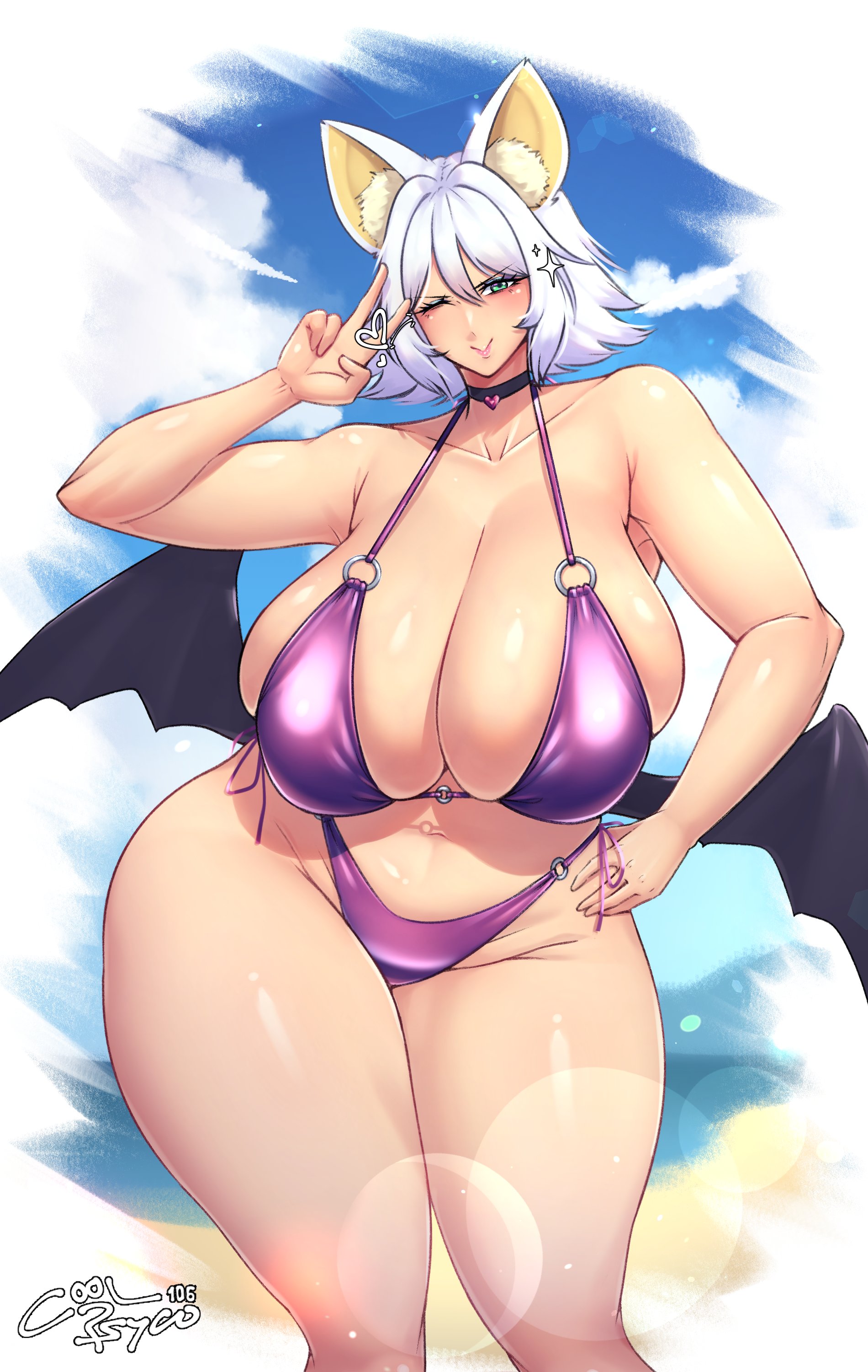 bat ears, bat wings, big breasts, bikini, blush, breasts, coolpsyco106, curvaceous, curvy, curvy body, curvy female, curvy figure, female, huge breasts, human rouge, humanized, large breasts, looking at viewer, peace sign, purple bikini, rouge the bat, sega, sonic (series), thick, thick legs, thick thighs, venus body, white hair