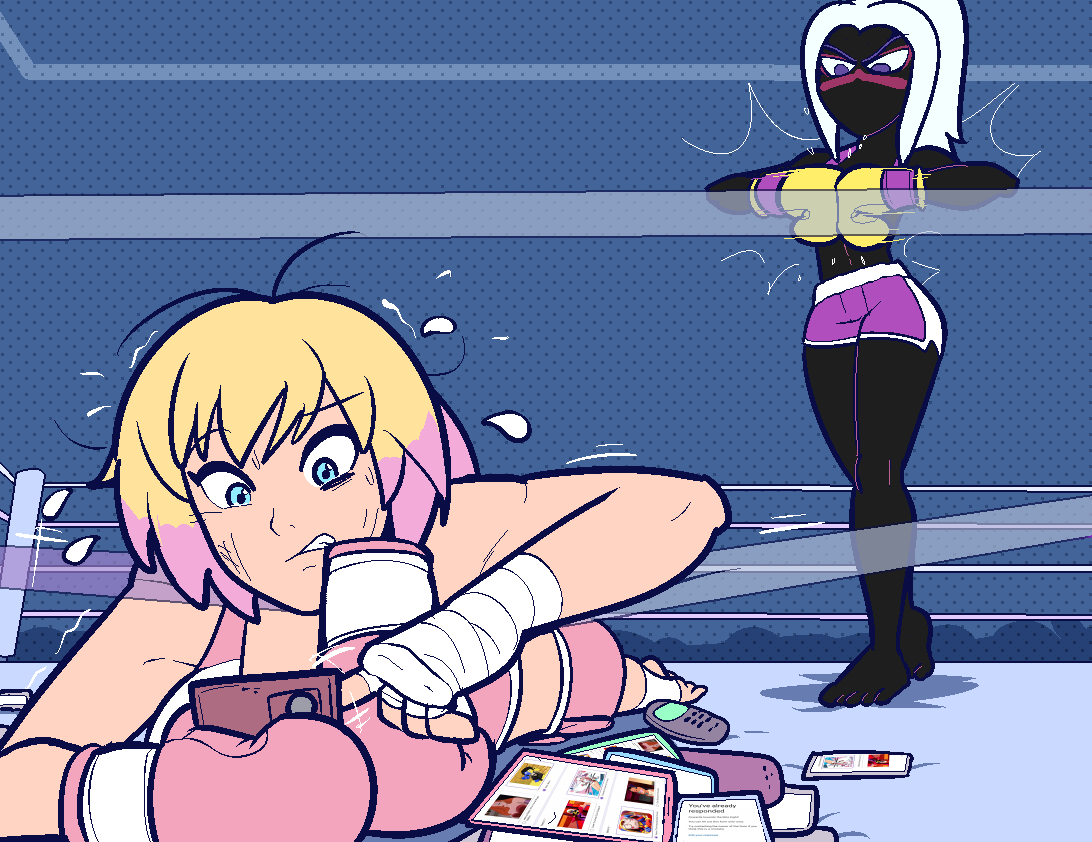 alien alien_girl alien_humanoid boxing boxing_gloves boxing_match boxing_ring boxing_shorts duck_dodgers fourth_wall fourth_wall_broken gwenpool human looney_tunes martian martian_(duck_dodgers) marvel marvel_comics netto-painter phone queen_tyr'ahnee warner_bros warner_brothers