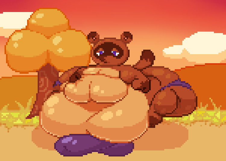 1boy animal_crossing anthro ass belly belly_on_ground blue_eyes brown_fur bulge bulge_through_clothing fat furry hips large_ass large_belly male male_focus male_only moobs morbidly_obese morbidly_obese_male mostly_nude mostly_nude_male nintendo obese obese_male overweight overweight_male penis_bulge pixel_art solo solo_male stomach sunset tanuki tanuki_humanoid thick_thighs thighs tom_nook tree wide_hips xxedge