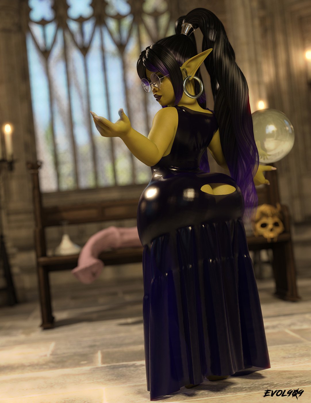 1girls, 3d, artist name, ass, ass cleavage, ass crack, back view, bare shoulders, big ass, black hair, butt crack, chair, curvy, detailed background, dress, ear piercing, earrings, erect nipples, evolluisionist, eyelashes, female, female only, glasses, goblin, goblin female, green skin, hoop earrings, horsecock dildo, hourglass figure, humanoid, hyper bimbo, indoor, inside, long hair, looking at viewer, looking back, multicolored hair, nipples, original character, pointy ears, ponytail, pose, posing, purple hair, shiny, shiny skin, shortstack, solo, standing, tied hair, voluptuous, wide hips