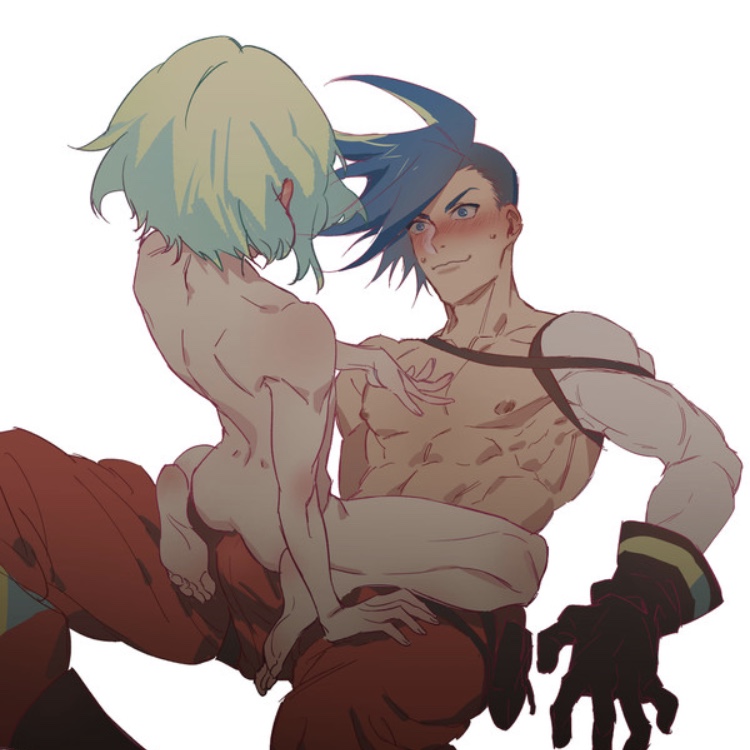 2boys, ass, blue eyes, blue hair, blush, erection, fat ass, feet, femboy, galo thymos, gay, girly, green hair, imminent anal, imminent sex, lio fotia, male, nipples, pixiv id 6252266, power bottom, promare, size difference, yaoi