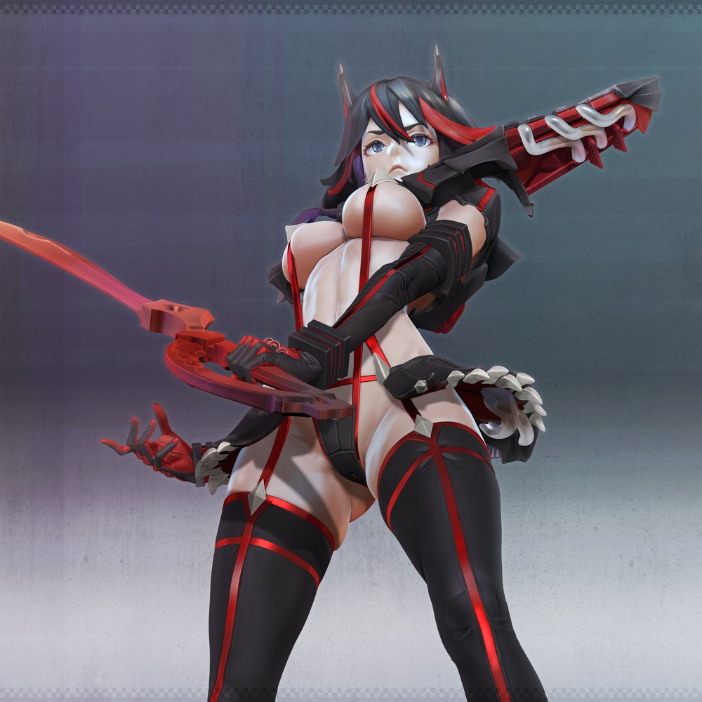 3d bikini_armor female kill_la_kill large_breasts leslyzerosix looking_at_viewer matoi_ryuuko multicolored_hair short_hair skimpy_clothes sword tomboy underboob