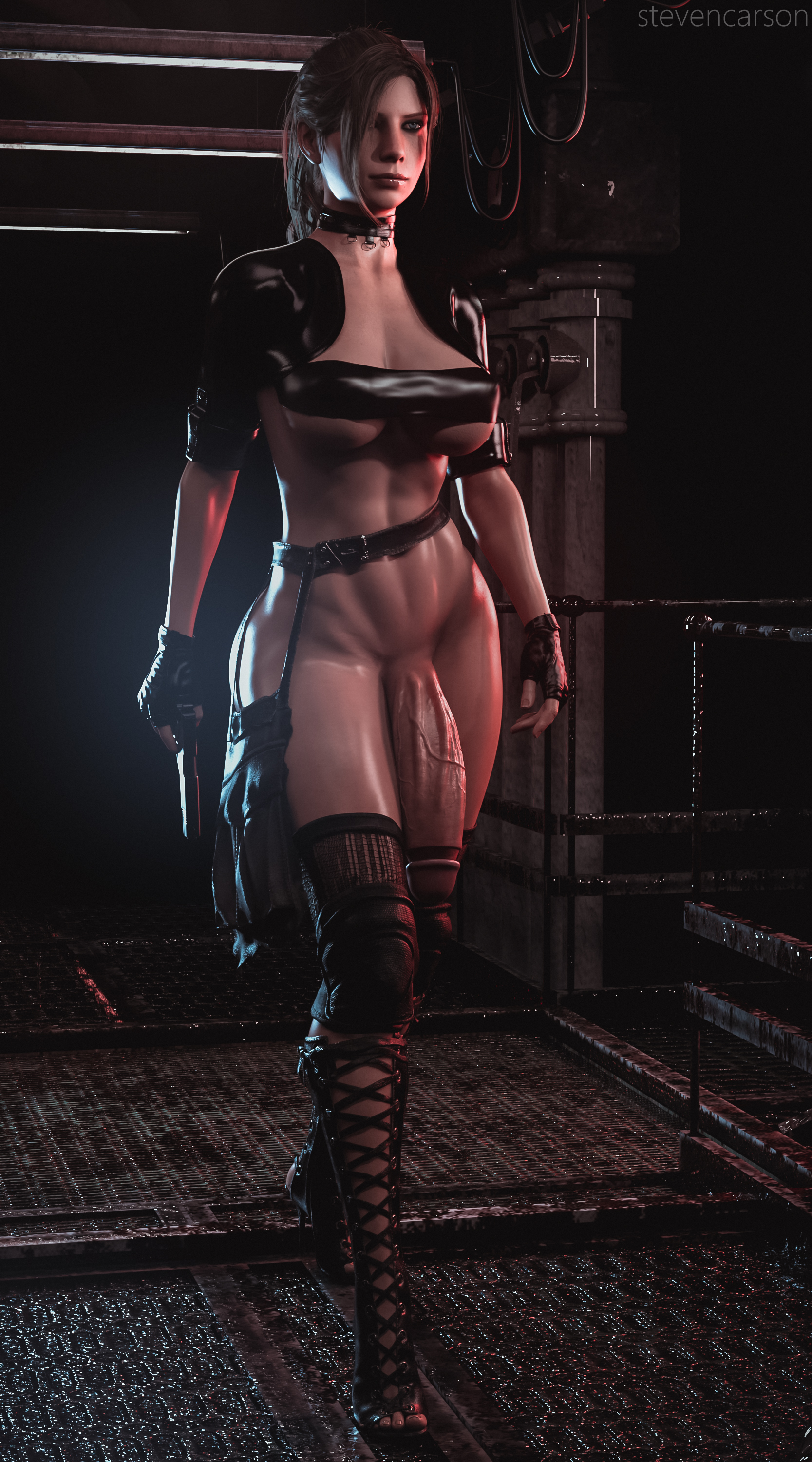 1futa, 3d, abs, absurdres, bottomless, breasts, casual, claire redfield, cleavage, curvy, dickgirl, erect nipples, fingerless gloves, firearm, flaccid, futa only, futanari, gun, handgun, high heel boots, high heels, highres, huge cock, huge penis, intersex, large breasts, muscular, muscular futa, nipple bulge, nipples, penis, realistic, resident evil, resident evil 2, solo, solo futa, stevencarson, walking, weapon, wide hips