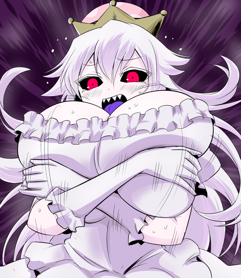 blush, boosette, breast grab, breasts, cleavage, crown, embarrassed, female, ghost, groping breasts, huge breasts, indoor, long hair, mario (series), monster girl, new super mario bros. u deluxe, nintendo, oro (zetsubou girl), outfit, red eyes, white hair