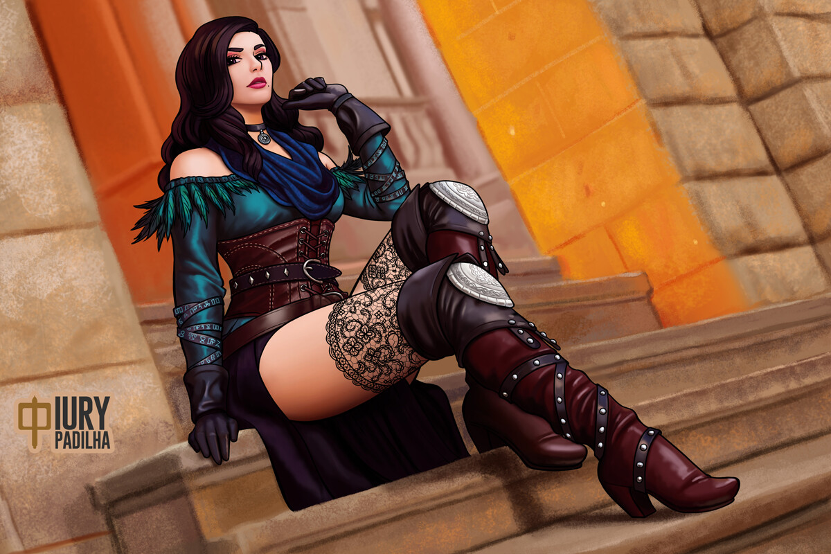 1girls, black gloves, black hair, dressing, female, female only, gloves, iury padilha, leather gloves, looking at viewer, purple eyes, solo, solo female, stockings, the witcher, the witcher (series), yennefer