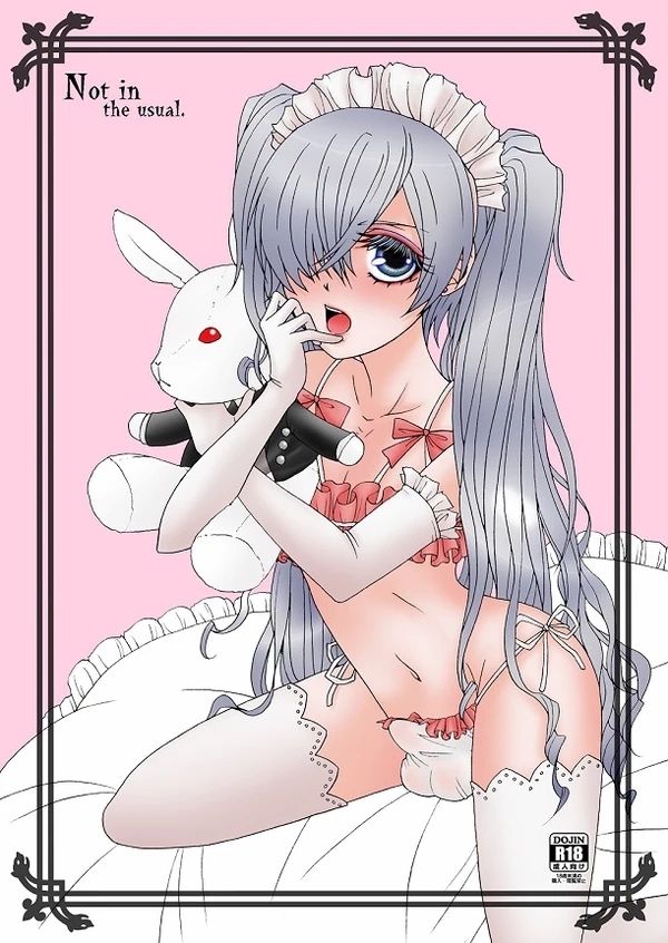 1boy black_butler blue_hair ciel_phantomhive cute erection girly kuroshitsuji lingerie long_hair sissy teddy_bear trap