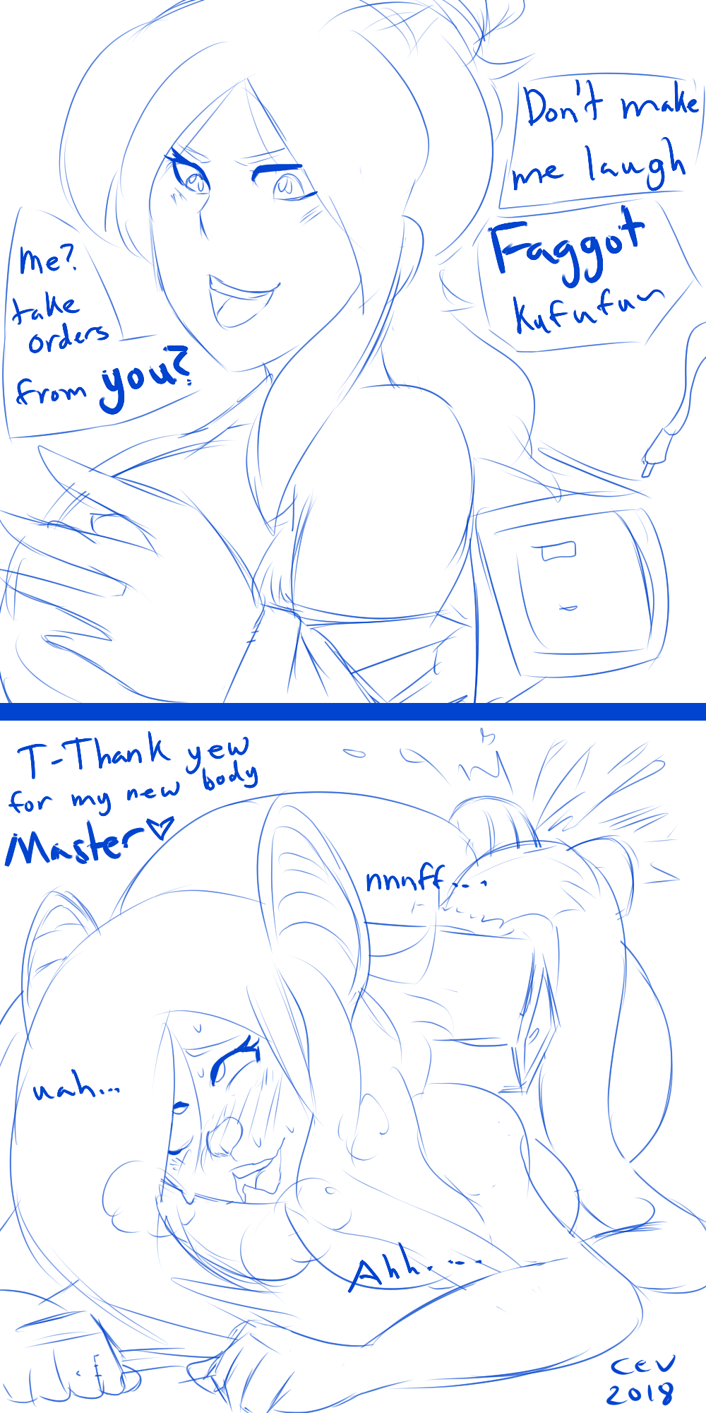 2018 ahe_gao anthro ass big_breasts blush bodily_fluids breasts cev clothing digital_media_(artwork) english_text female genital_fluids hair hi_res human instant_loss_2koma long_hair looking_pleasured mammal mouse murid murine open_mouth rodent sex_toy sketch solo species_transformation text transformation
